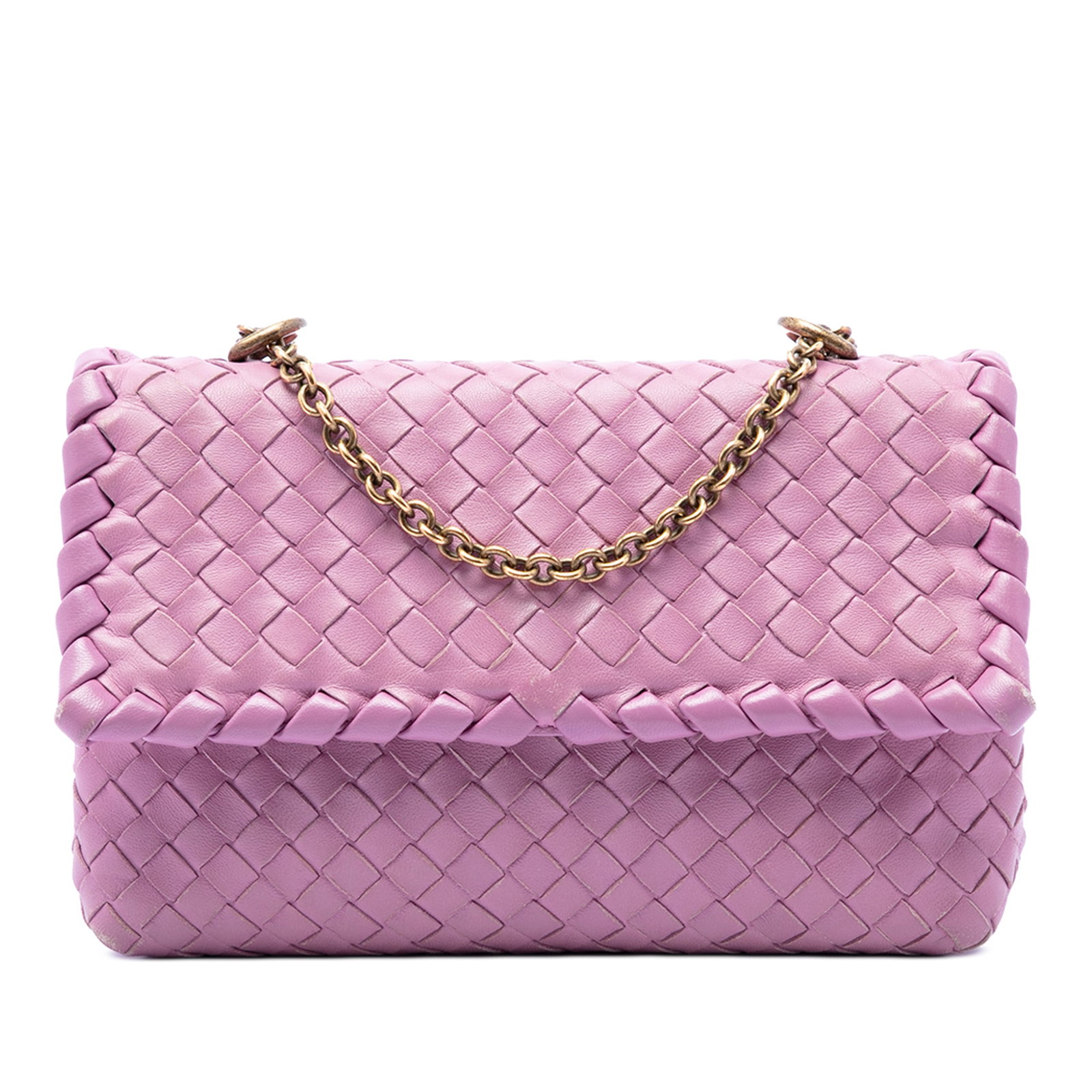 Bottega Veneta Olimpia Crossbody Pink Intrecciato Nappa Leather: Bottega Veneta Olimpia Crossbody Pink Intrecciato Nappa Leather Bottega Veneta Baby Nappa Intrecciato Olimpia Crossbody in pink leather with the brand's signature woven body. This crossbody bag featur
