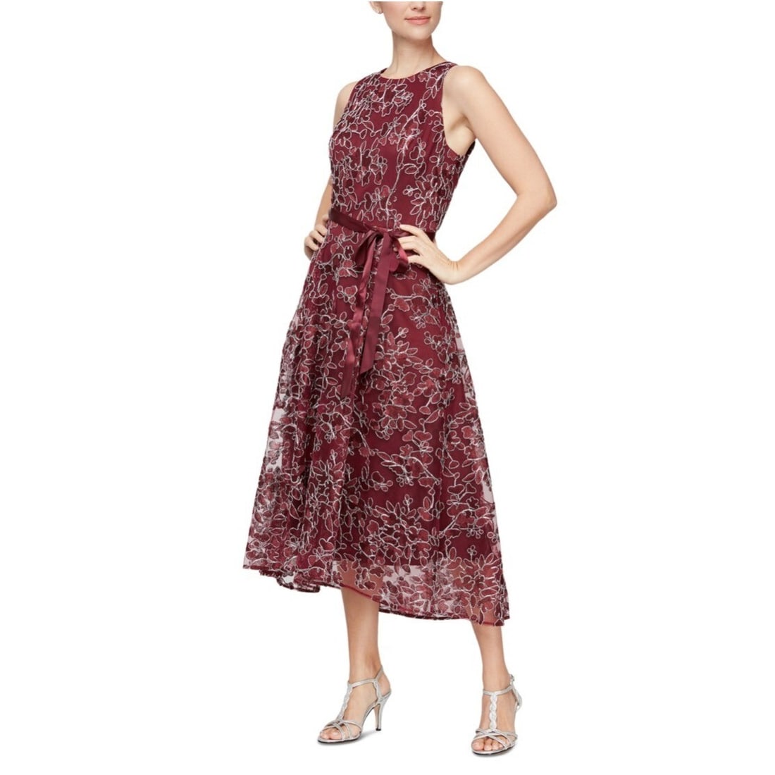 Alex & Eve Burgundy Floral Embroidered High-Low Midi Dress Size 16: Alex & Eve Burgundy Floral Embroidered High-Low Midi Dress Size 16 Elevate your wardrobe with this exquisite Floral Embroidered High-Low Lace Ribbon Belt Midi Dress in a rich burgundy color. Designed 