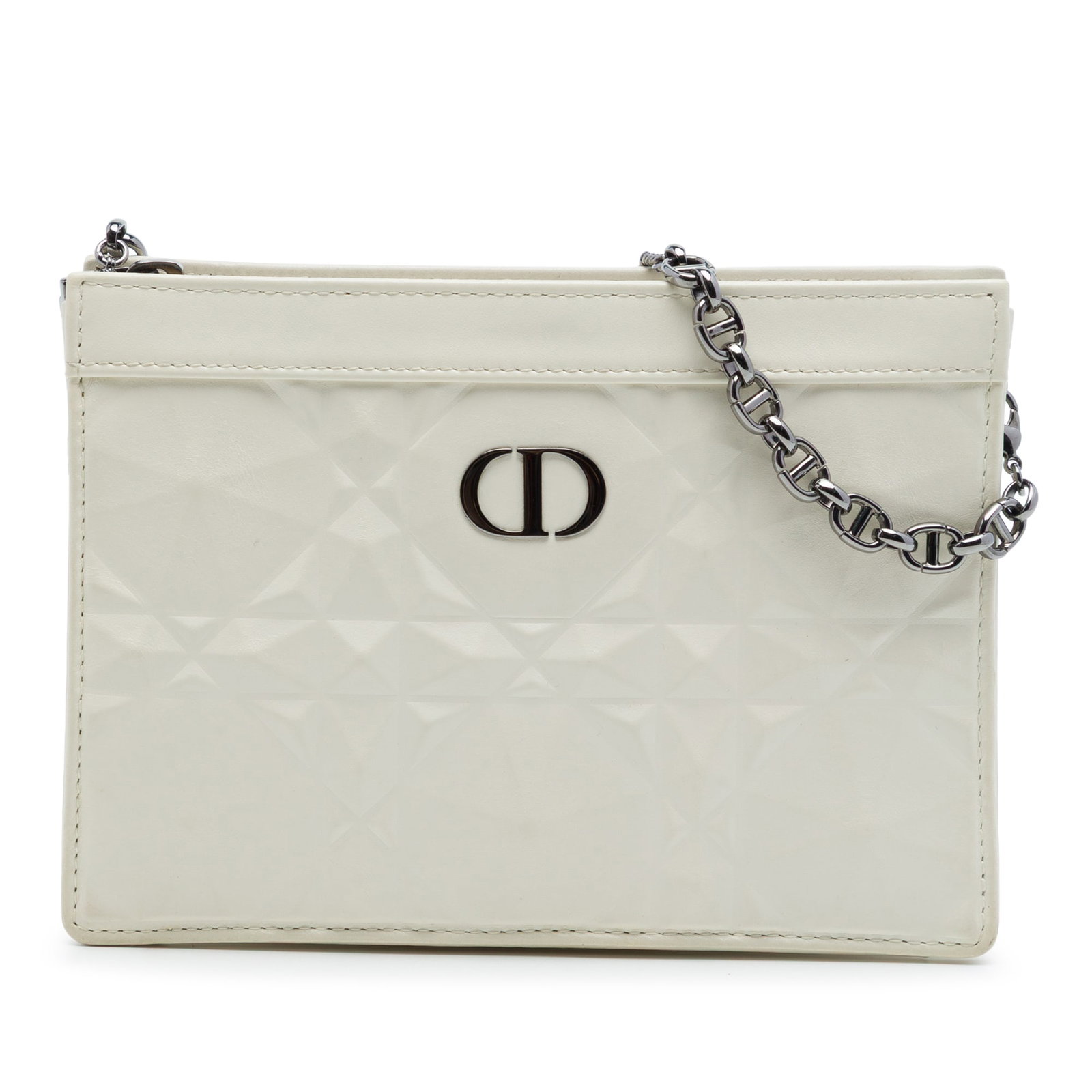Dior Caro Every Pouch white leather crossbody bag: Dior Caro Every Pouch white leather crossbody bag A Dior Macrocannage Diamond Calfskin Caro Every Dior Pouch crafted in white leather with a chain link strap and top zip closure. The interior includes