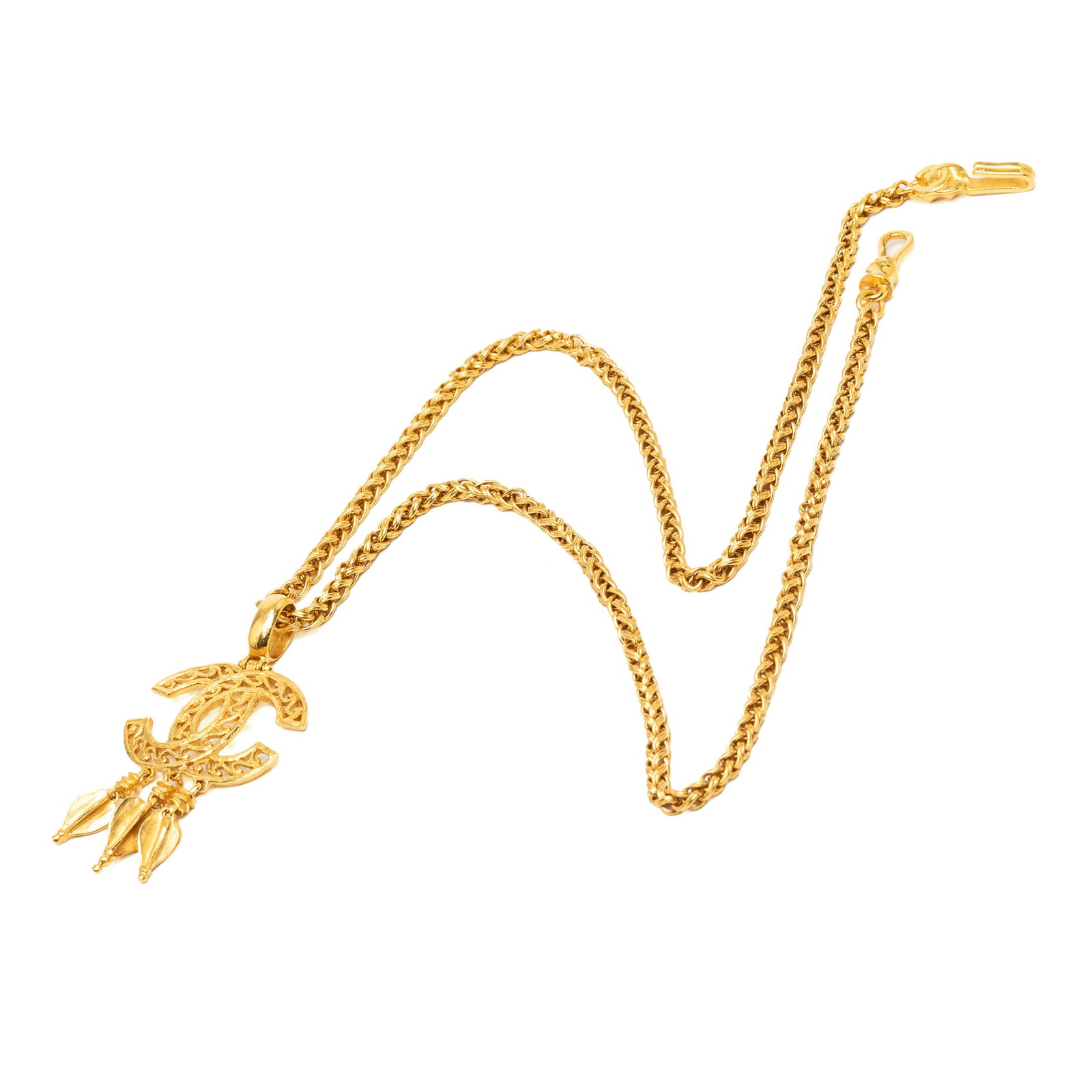 Chanel CC Filigree Fringe Pendant Necklace Gold Plated Metal: Chanel CC Filigree Fringe Pendant Necklace Gold Plated Metal Chanel CC pendant necklace with a gold-plated filigree design and fringe detail. This costume jewelry piece features a gold-plated pendant 