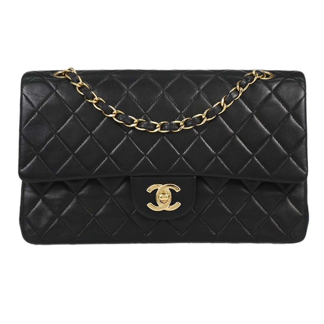 CHANEL Classic Double Flap Medium Shoulder Bag Black Lambskin: CHANEL Classic Double Flap Medium Shoulder Bag Black Lambskin Chanel Medium Classic Double Flap shoulder bag in black lambskin leather with a turn-lock closure and shoulder strap. Made in France, this