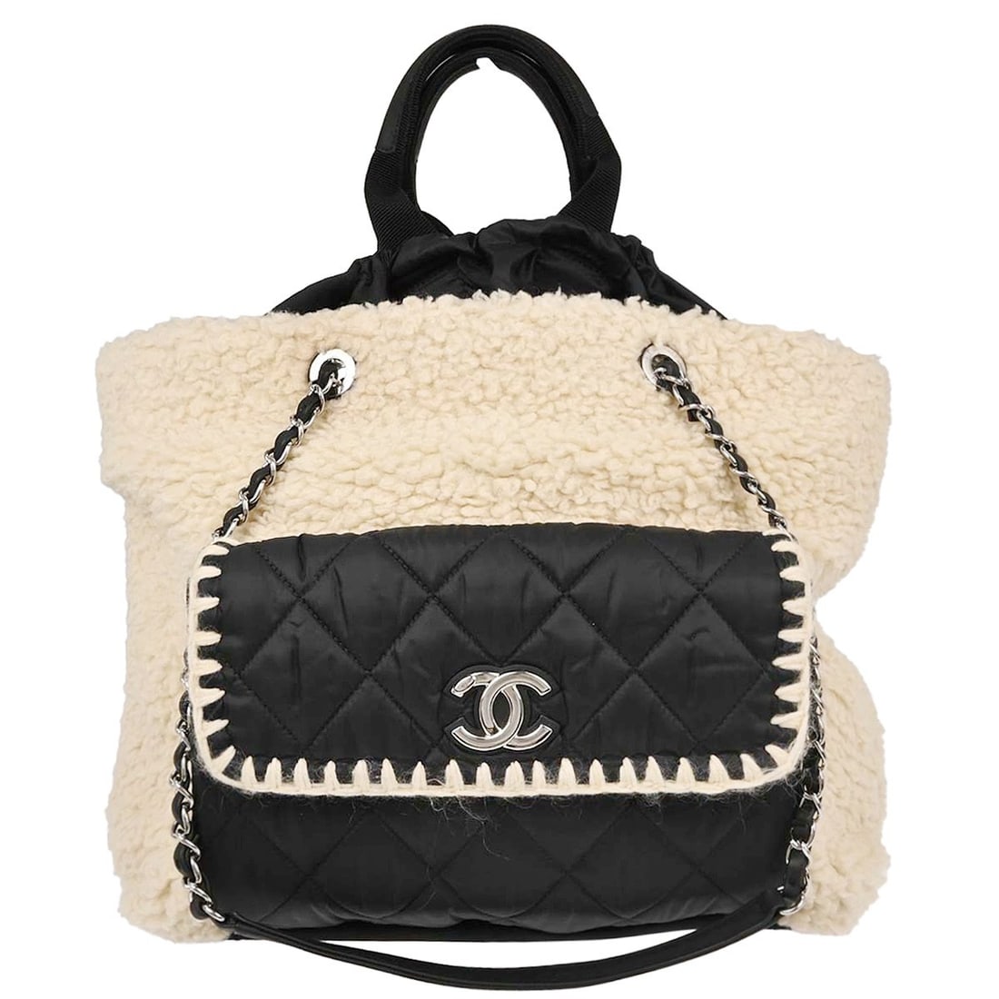 CHANEL Coco Neige 2way Tote Handbag White Black Wool Nylon: CHANEL Coco Neige 2way Tote Handbag White Black Wool Nylon Chanel Coco Neige 2way shopping tote handbag in white and black with a wool, nylon, and leather construction. This large casual tote features