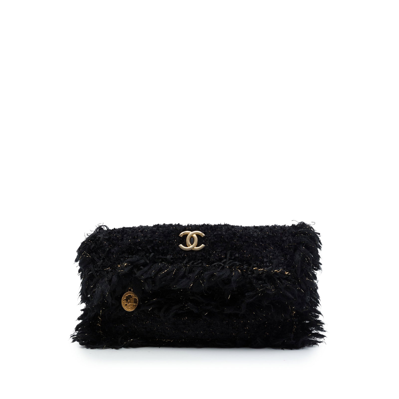 Chanel Paris Cosmopolite fabric clutch with fringe flap: Chanel Paris Cosmopolite fabric clutch with fringe flap A Chanel Paris Cosmopolite clutch crafted in black tweed with chain-around detailing and fringe accents. The design features a fold-over flap, m