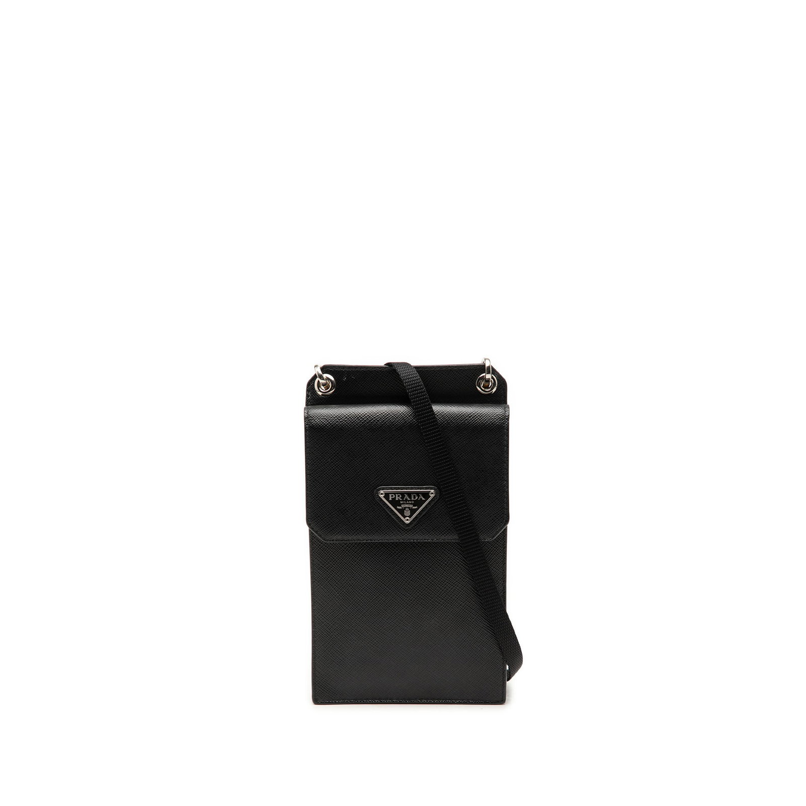 Prada Saffiano Leather Crossbody Smartphone Bag Black: Prada Saffiano Leather Crossbody Smartphone Bag Black Prada Saffiano Smartphone Case in black leather with a crossbody design. It features a flat shoulder strap, a front flap with snap button closure,