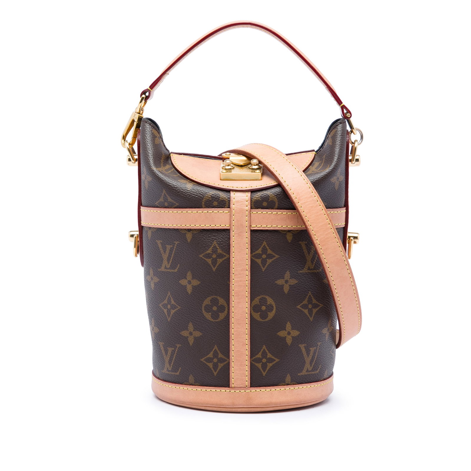 Louis Vuitton Monogram Duffle Bucket Bag with Vachetta Strap: Louis Vuitton Monogram Duffle Bucket Bag with Vachetta Strap This Louis Vuitton Monogram Duffle Bucket Bag is crafted with a monogram canvas body, vachetta leather trim, a flat vachetta leather handle