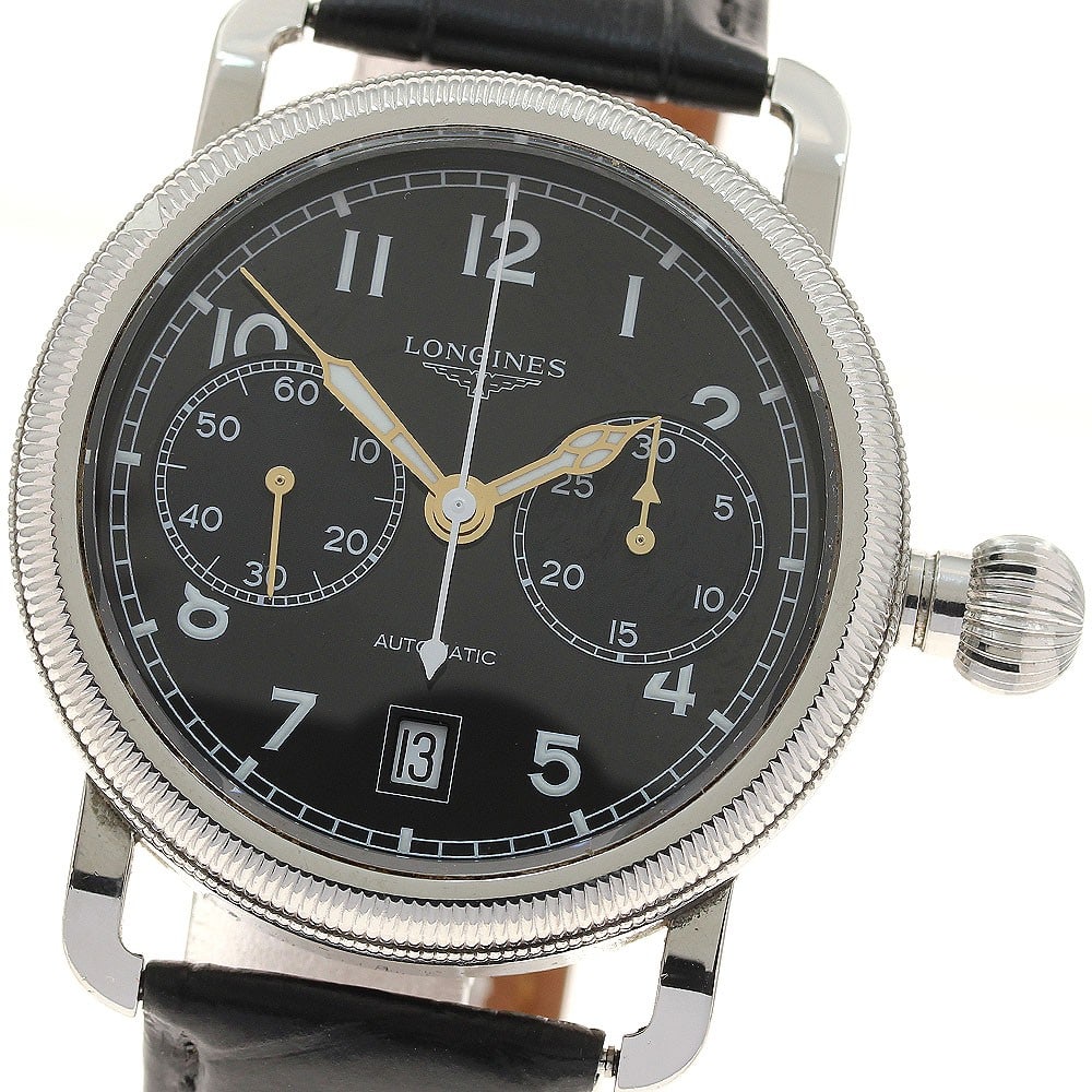 Longines Heritage Avigation Oversize Crown Chronograph Watch L2.783.4: Longines Heritage Avigation Oversize Crown Chronograph Watch L2.783.4 Longines Heritage Avigation Oversize Crown wristwatch with automatic movement and a black dial. This men's chronograph features da