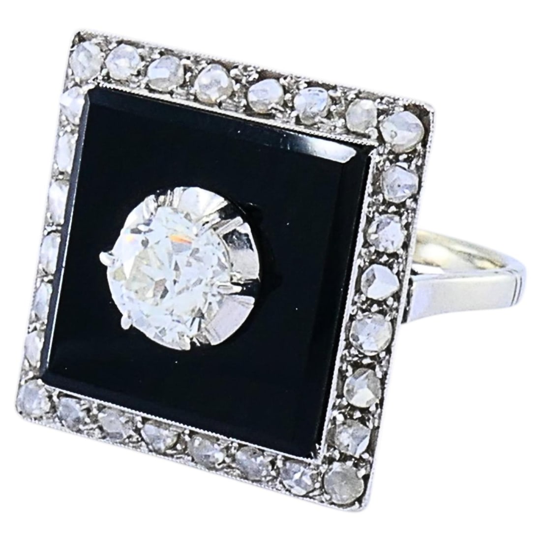 Antique Art Deco 14k White Gold Ring with Onyx Diamond Plaque: Antique Art Deco 14k White Gold Ring with Onyx Diamond Plaque An authentic Art Deco ring from the 1920s, crafted in 14k white gold with a square plaque design set with black onyx and diamonds. The pol