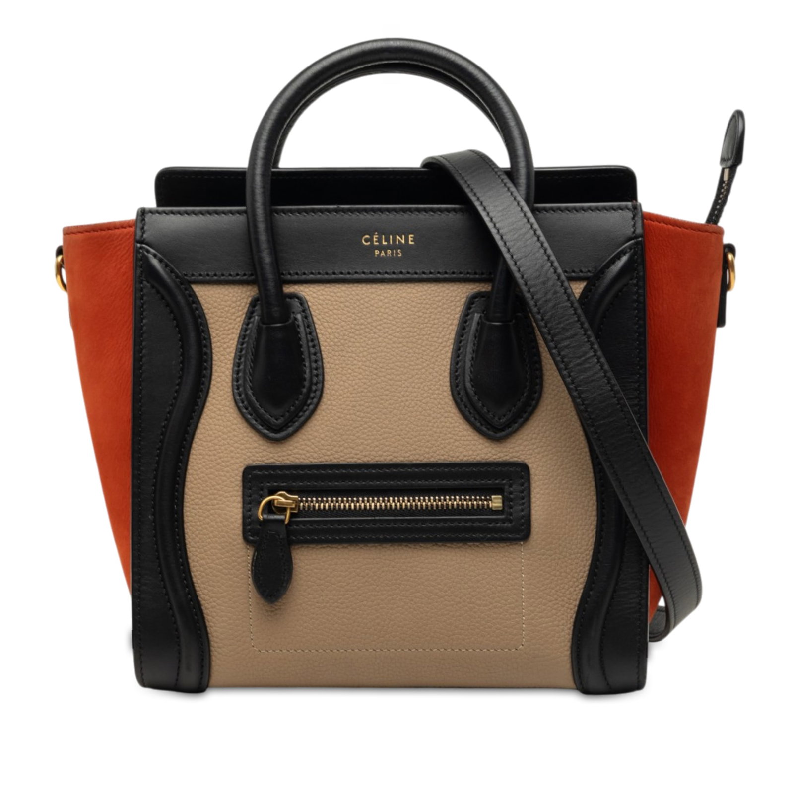 Celine Nano Luggage Tote Tricolor Nubuck Calfskin Bag: Celine Nano Luggage Tote Tricolor Nubuck Calfskin Bag Celine Nano Tricolor Luggage Tote crafted in calf leather with nubuck side panels. This structured bag features rolled leather handles, a detachab