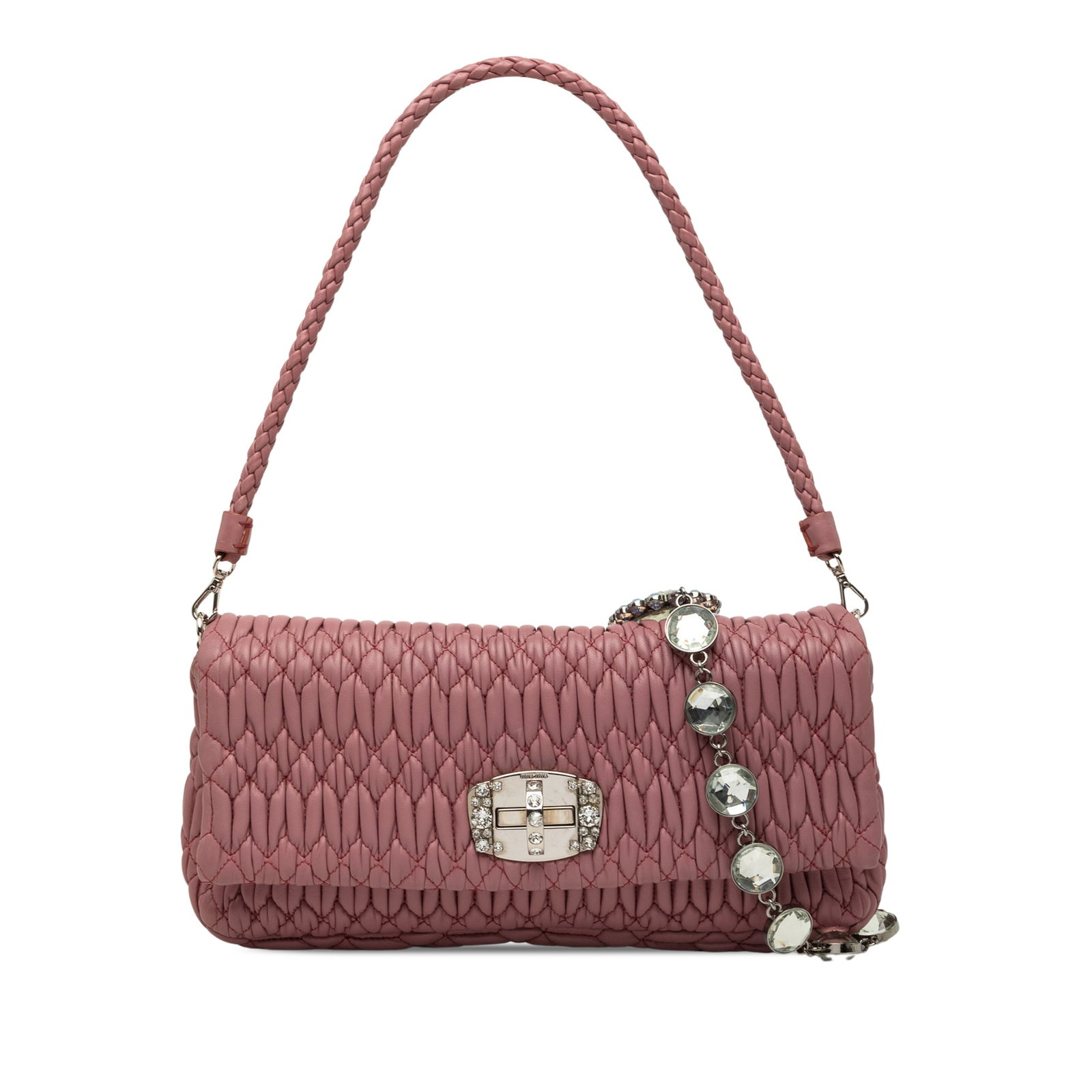 Miu Miu Matelasse Nappa Leather Satchel with Crystal Chain: Miu Miu Matelasse Nappa Leather Satchel with Crystal Chain A Miu Miu Matelasse Nappa Crystal Chain Satchel in pink with a quilted nappa leather body. The bag features a crystal chain link strap, a rol