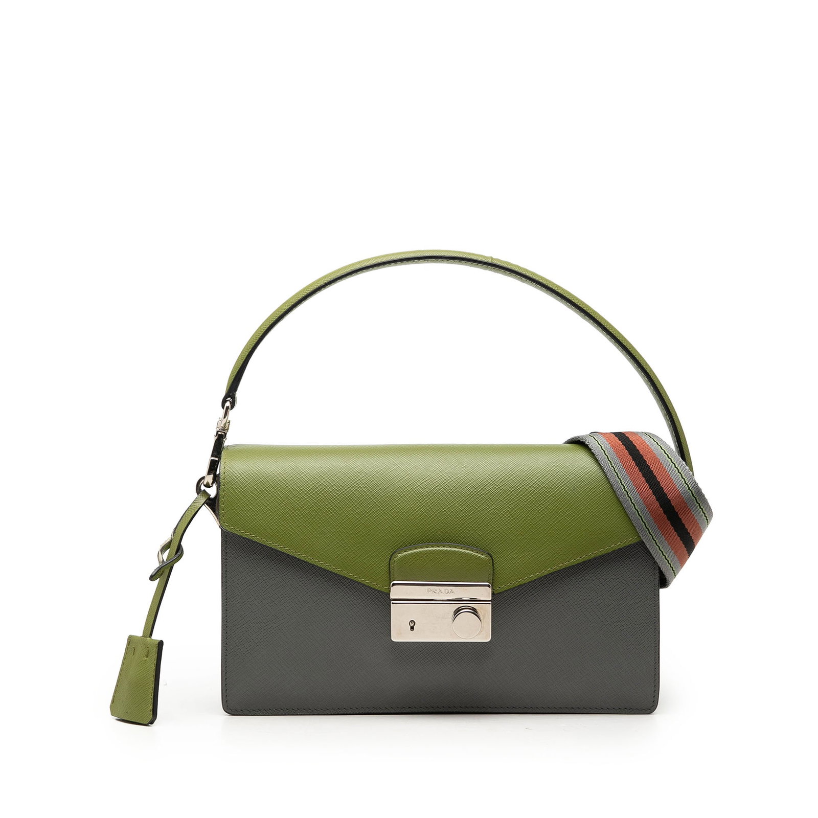 Prada Sound Lock Satchel in Green Bicolor Saffiano Lux Leather: Prada Sound Lock Satchel in Green Bicolor Saffiano Lux Leather Prada Bicolor Saffiano Lux Sound Lock Satchel in green leather with a structured design, flat top handle, adjustable flat leather strap, 