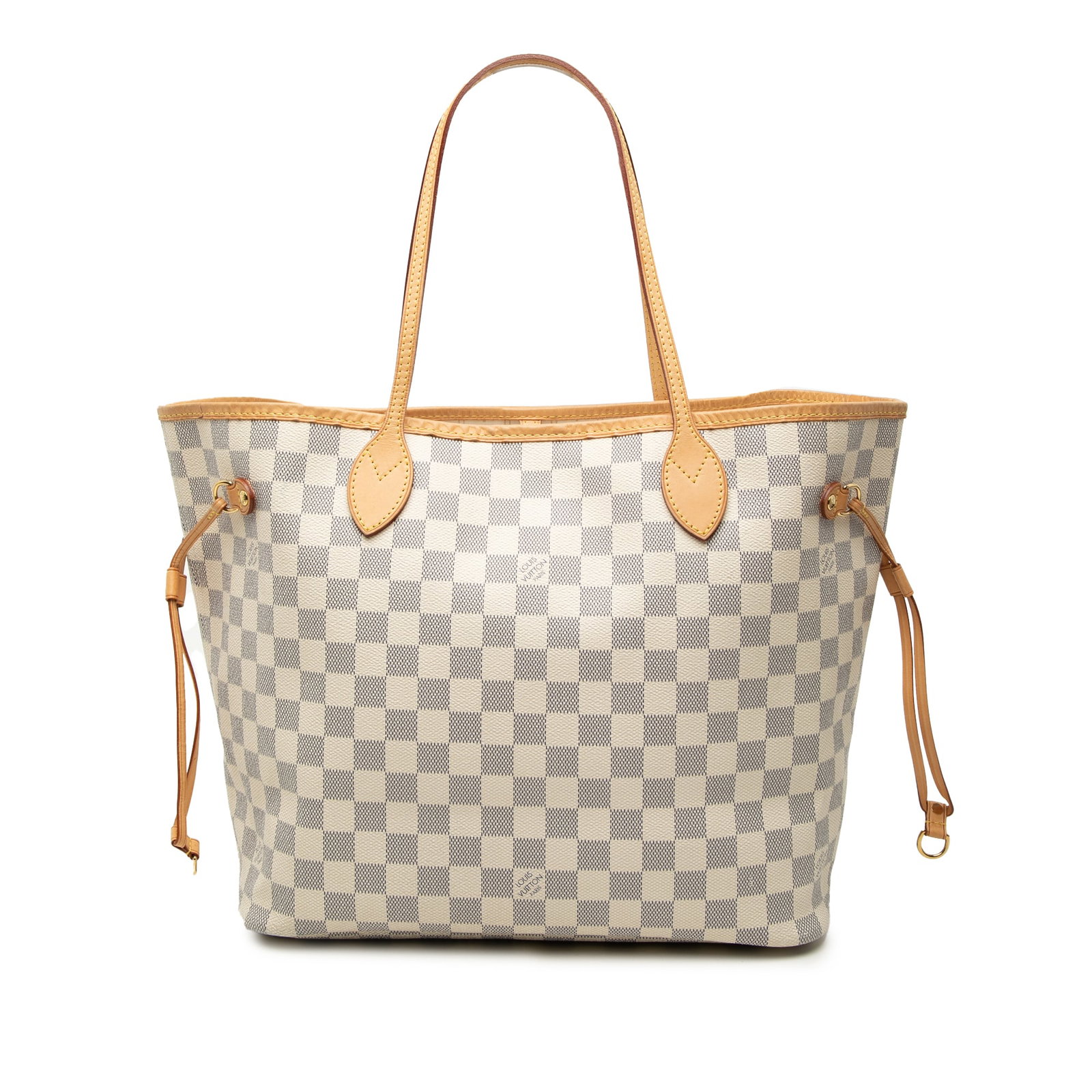 Louis Vuitton Neverfull MM Damier Azur Tote Bag: Louis Vuitton Neverfull MM Damier Azur Tote Bag A Louis Vuitton Neverfull MM tote in Damier Azur canvas with vachetta leather trim and flat vachetta leather handles. The bag features an open top with 