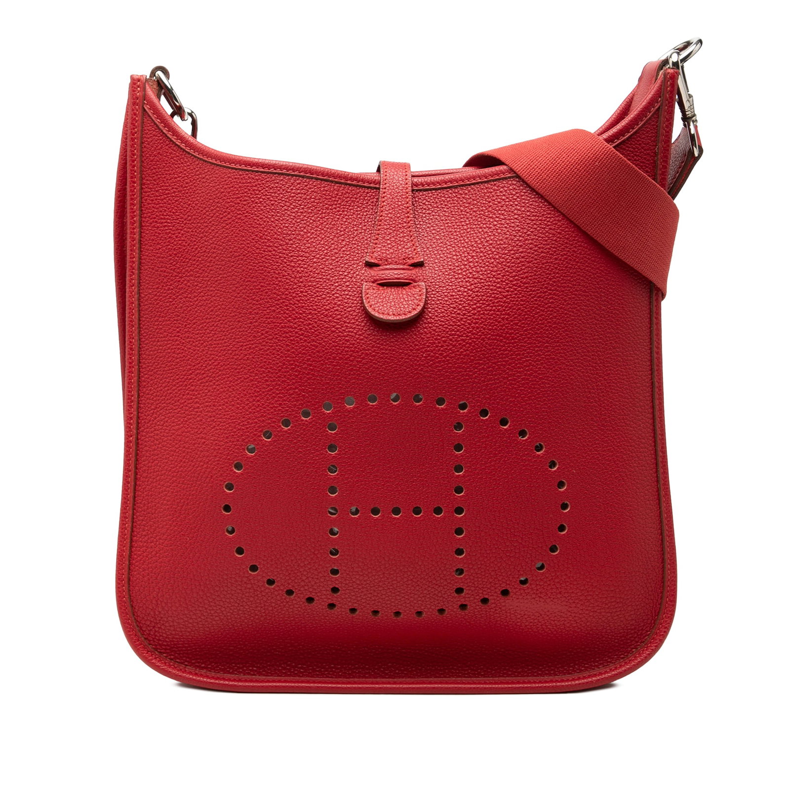 Hermes Evelyne I PM Clemence Leather Shoulder Bag Rouge Casaque: Hermes Evelyne I PM Clemence Leather Shoulder Bag Rouge Casaque Hermes Evelyne I PM shoulder bag crafted in Rouge Casaque Clemence leather. This bag features a flat strap, an open top with tuck closur