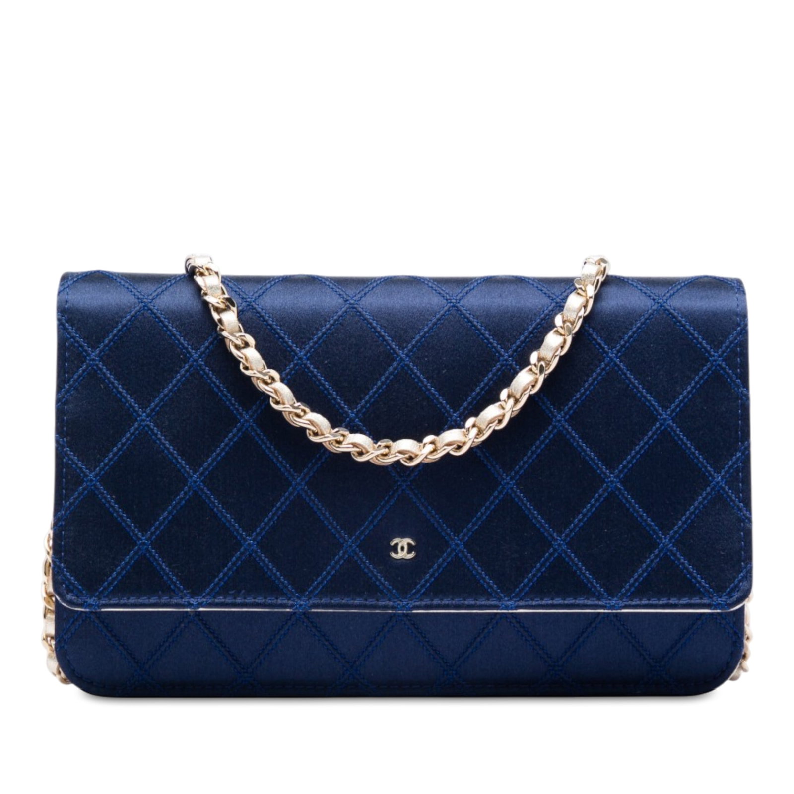 Chanel CC Wallet On Chain Blue Satin Quilted Flap Bag: Chanel CC Wallet On Chain Blue Satin Quilted Flap Bag A Chanel CC Wallet on Chain crafted with a quilted satin body and metallic leather trim. This blue bag features a leather-woven chain strap, a fro