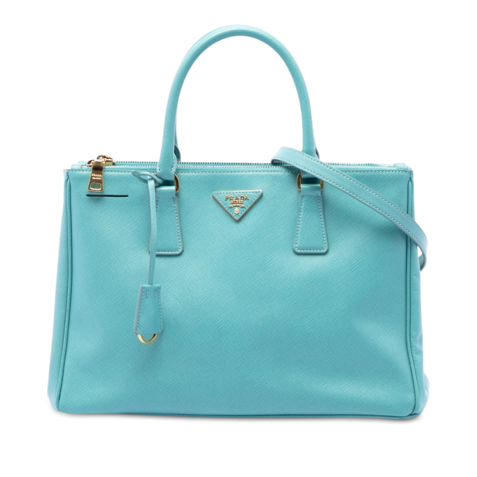 Prada Galleria Double Zip Medium Saffiano Leather Satchel Blue: Prada Galleria Double Zip Medium Saffiano Leather Satchel Blue Prada Medium Saffiano Lux Galleria Double Zip Satchel in blue saffiano leather. This satchel features rolled handles, a detachable flat l
