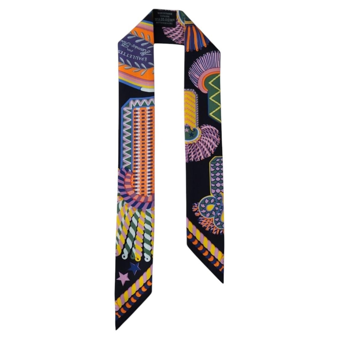 Hermes Epaulettes de Gala Twilly Black Silk Scarf: Hermes Epaulettes de Gala Twilly Black Silk Scarf Hermes Epaulettes de Gala Twilly in black silk with a vibrant geometric pattern. A versatile scarf accessory from the 21st century, presented in good 