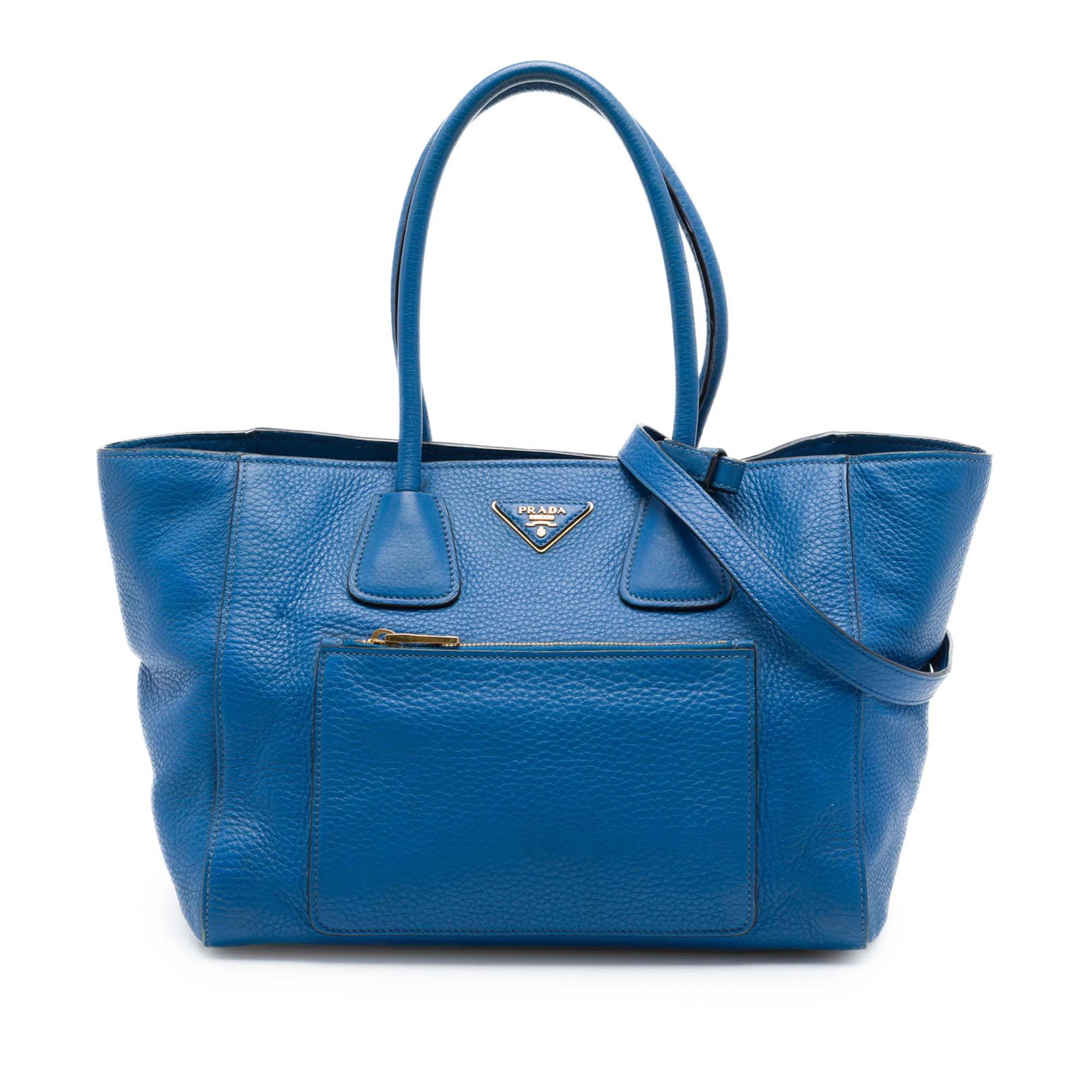 Prada Soft Calf Leather Tote Bag with Front Zip Pocket: Prada Soft Calf Leather Tote Bag with Front Zip Pocket A Prada Soft Calf Front Pocket Shopping Tote in blue leather with rolled leather handles, a detachable flat leather strap, and an open top with m