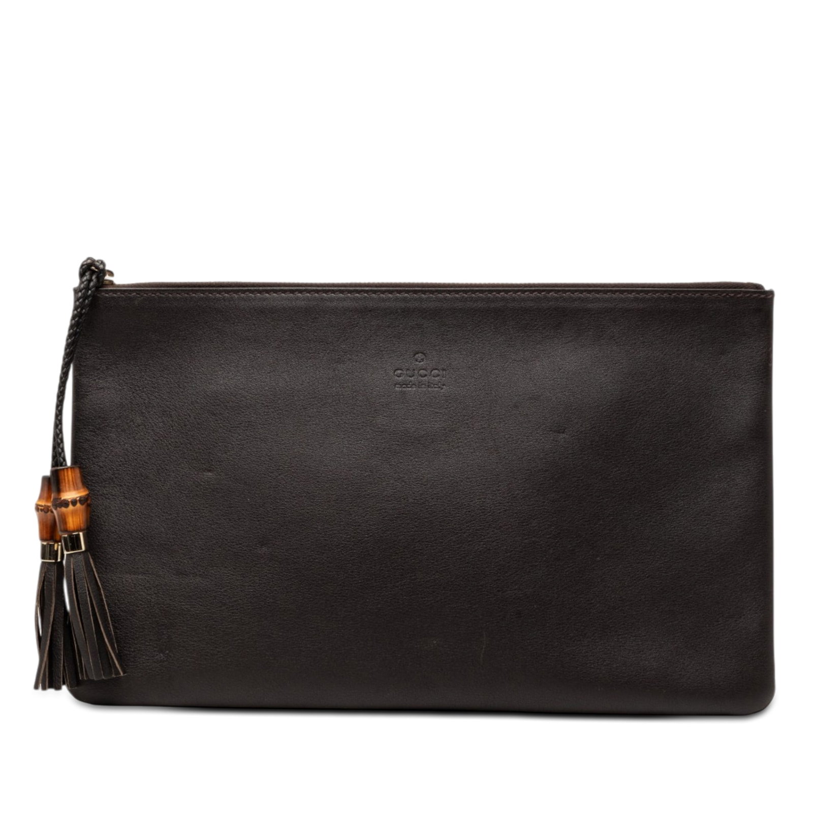 Gucci Calfskin Clutch Bag with Bamboo Tassel Zip Pull: Gucci Calfskin Clutch Bag with Bamboo Tassel Zip Pull A Gucci calfskin clutch with a bamboo and tassel zipper pull. This zip-top design features a leather body and an interior slip pocket. Finished in