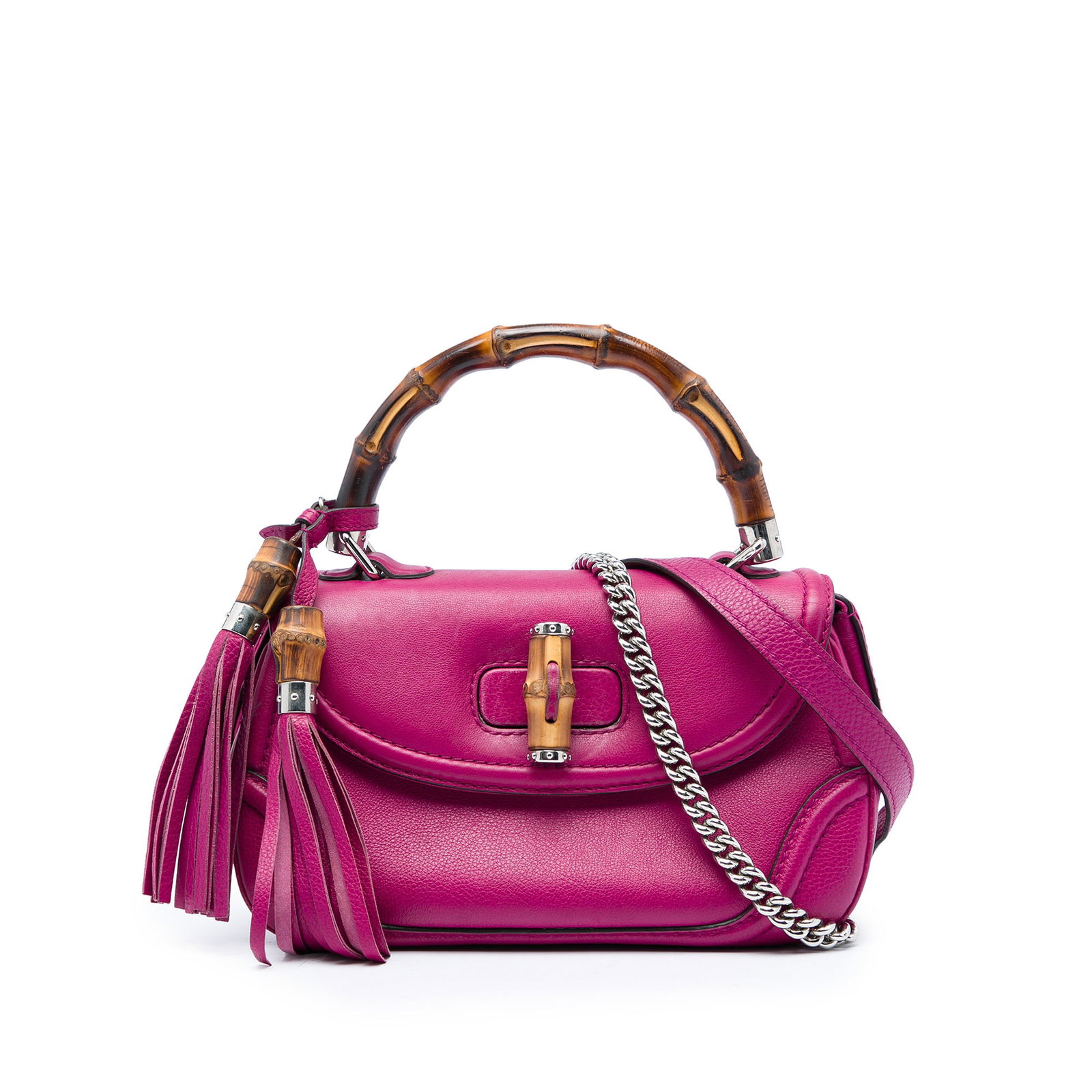 Gucci Bamboo Medium Calfskin Satchel Pink Leather: Gucci Bamboo Medium Calfskin Satchel Pink Leather Gucci Medium Calfskin Bamboo Top Handle Bag in pink leather with the brand's signature bamboo top handle and tassel detail. This satchel features a de