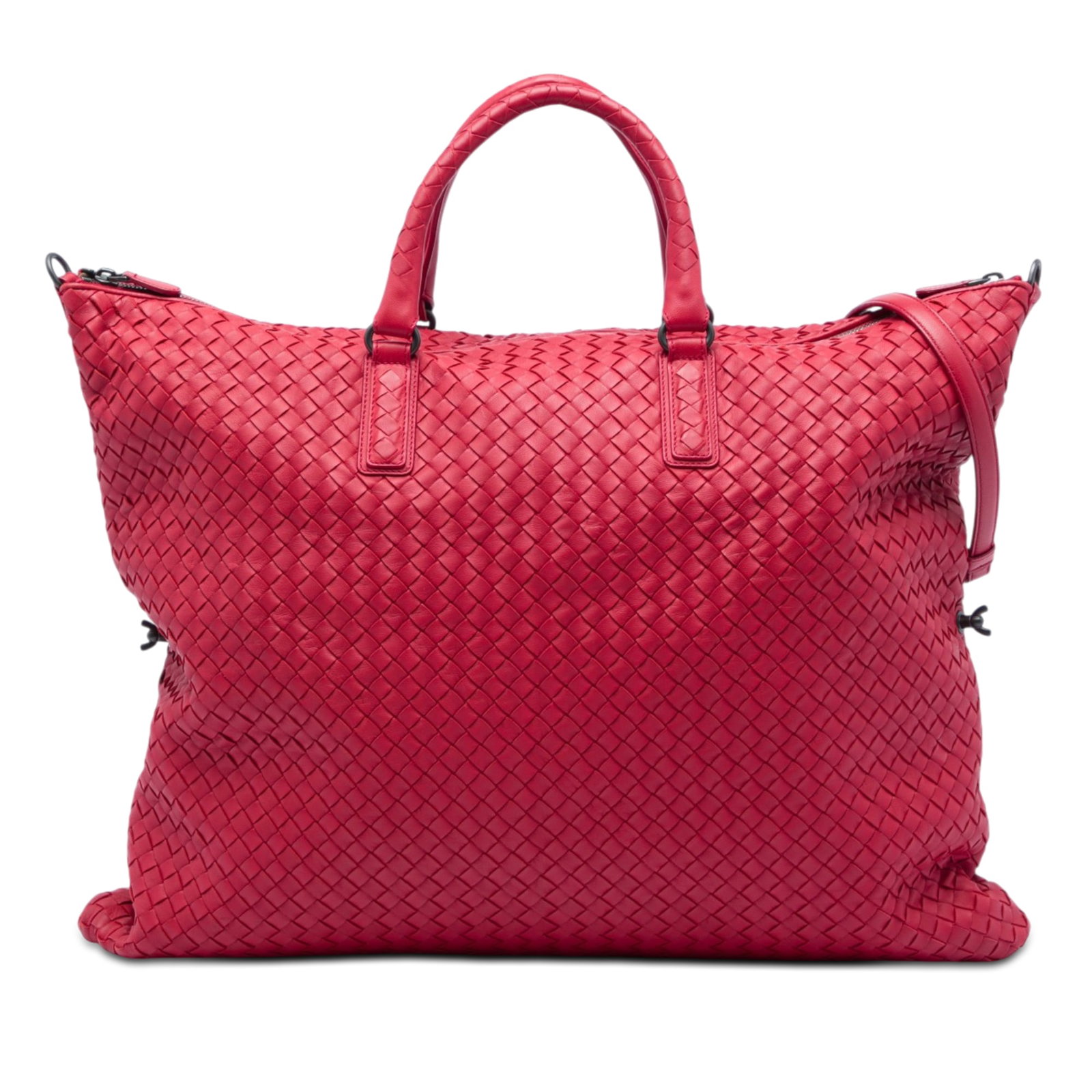 Red Leather Travel Bag Bottega Veneta Maxi Nappa Intrecciato Tote: Red Leather Travel Bag Bottega Veneta Maxi Nappa Intrecciato Tote A Bottega Veneta Maxi Nappa Intrecciato Convertible Tote in red leather with the brand's signature woven construction. This travel bag