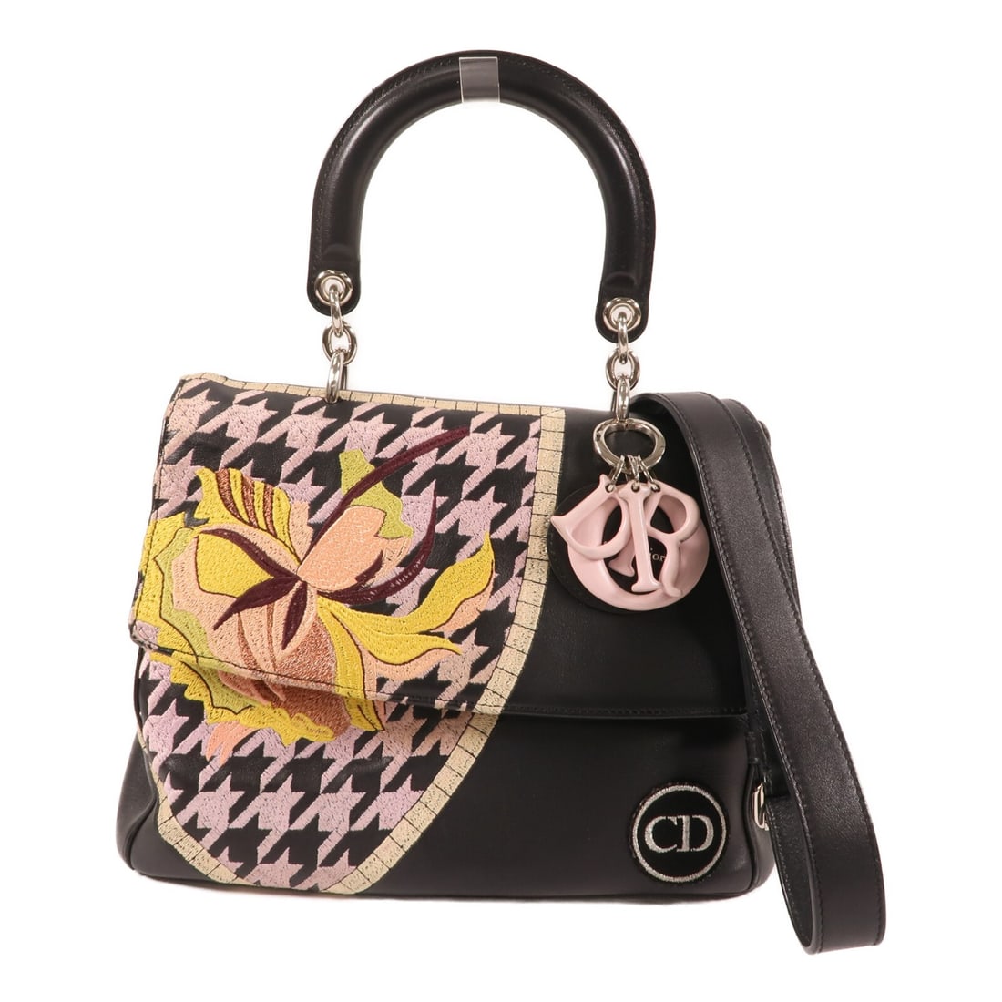 Dior CD 2 Way Shoulder Handbag Black Pink Calfskin Leather: Dior CD 2 Way Shoulder Handbag Black Pink Calfskin Leather Christian Dior 2-way shoulder bag in black and pink calfskin leather. This women's bag features a structured design with top handles and a re