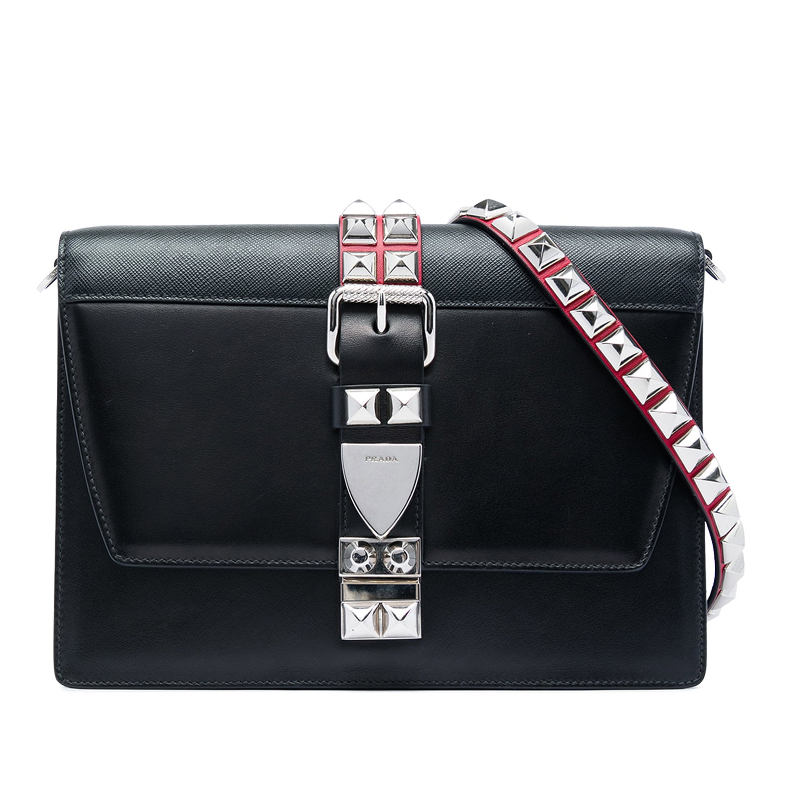 Prada Elektra Studded Leather Crossbody Bag Black: Prada Elektra Studded Leather Crossbody Bag Black Prada Elektra crossbody bag in black City Calf and Saffiano leather with stud detailing. This crossbody style features a detachable flat studded leath