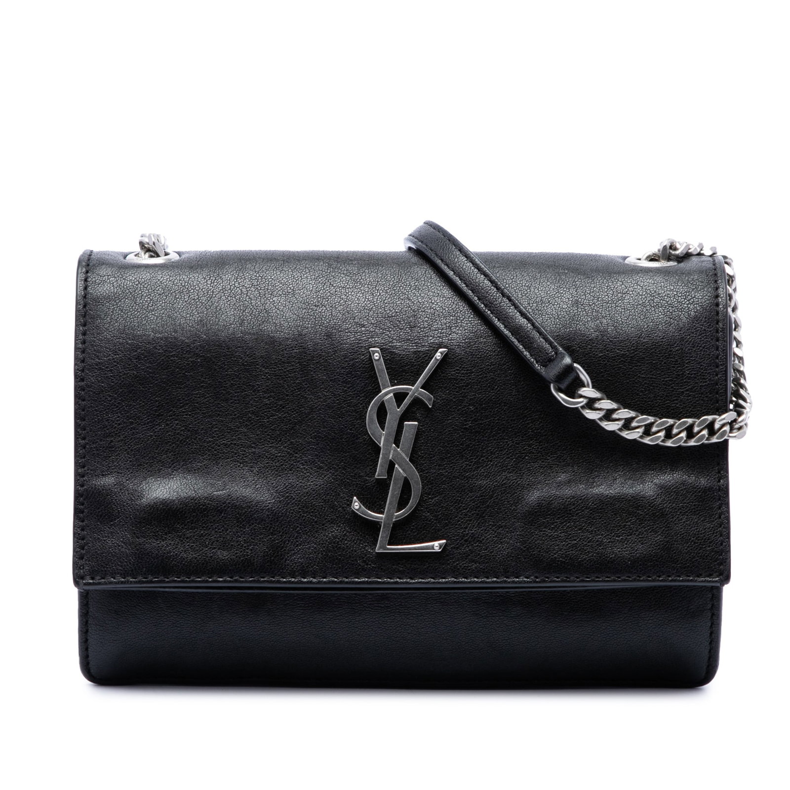 Black Leather Crossbody Bag Saint Laurent Sunset Monogram Small: Black Leather Crossbody Bag Saint Laurent Sunset Monogram Small A Saint Laurent Small Calfskin Monogram Sunset Crossbody in black leather with a top flap and magnetic snap button closure. The bag feat