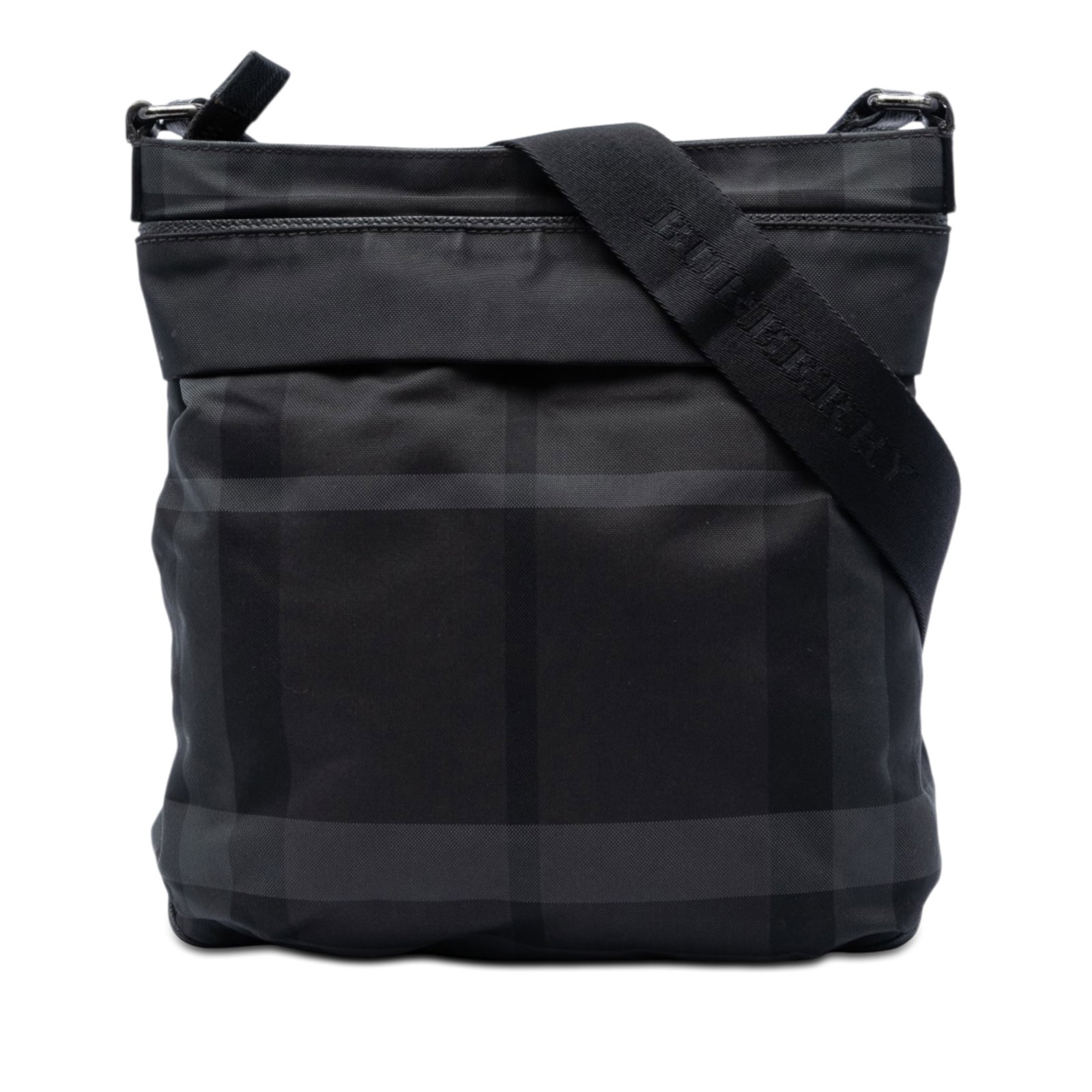 Burberry Smoke Check Crossbody Bag in Gray Nylon: Burberry Smoke Check Crossbody Bag in Gray Nylon Burberry Smoke Check nylon crossbody bag with a flat shoulder strap, open top, and magnetic button closure. The interior includes zip and slip pockets 