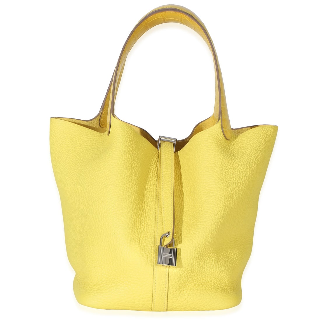 Hermes Picotin Lock 22 Clemence and Crocodile Touch Lime Mimosa Bag: Hermes Picotin Lock 22 Clemence and Crocodile Touch Lime Mimosa Bag Hermes Picotin Lock 22 in lime mimosa Clemence leather with Niloticus crocodile touch detailing. This unisex top handle handbag feat