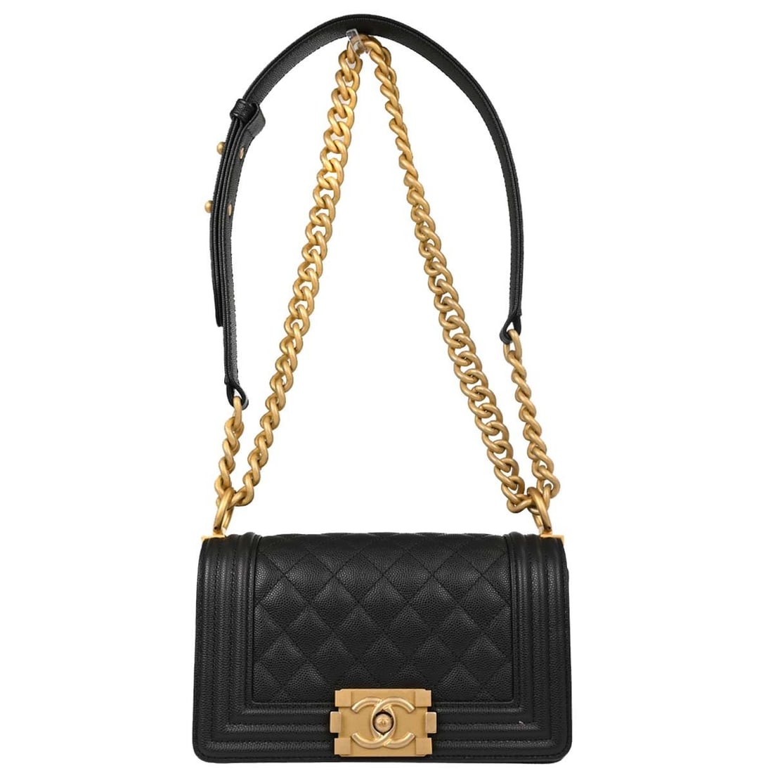 CHANEL Boy Chanel Mini Black Caviar Leather Shoulder Bag: CHANEL Boy Chanel Mini Black Caviar Leather Shoulder Bag Chanel Boy Chanel small chain shoulder bag in black caviar skin leather with a clasp flap closure and chain shoulder strap. The bag features a 