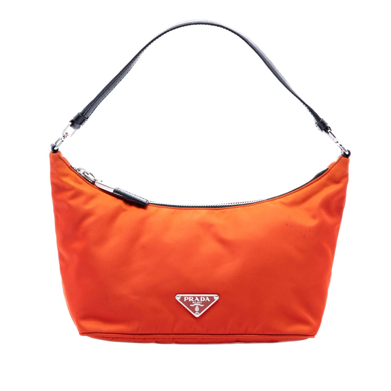 Prada Tessuto Sirio Nylon Shoulder Bag Orange Made in Italy: Prada Tessuto Sirio Nylon Shoulder Bag Orange Made in Italy Prada Tessuto Sirio shoulder bag in orange with a nylon body, flat leather strap, top zip closure, and an interior zip pocket. Made in Italy