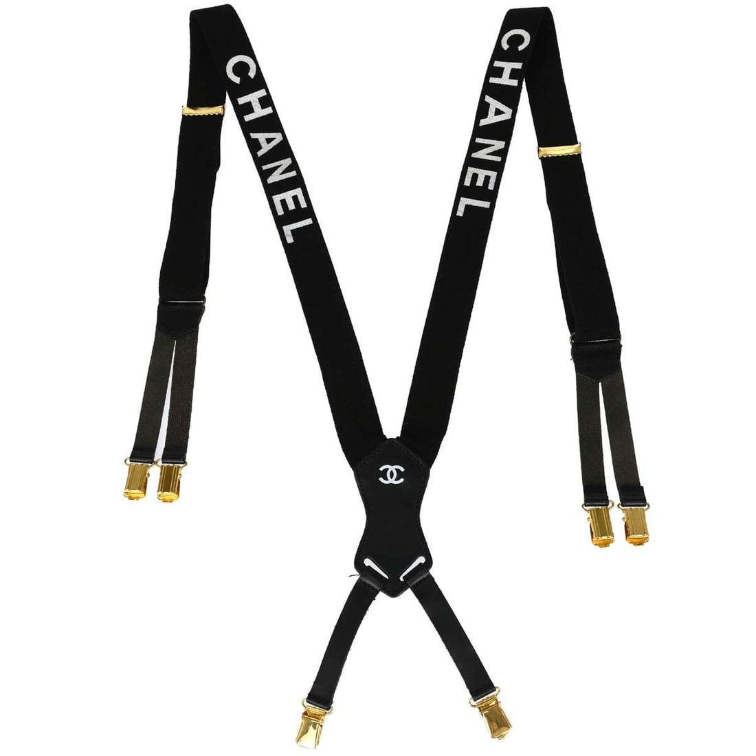 CHANEL leather suspenders black women one size France: CHANEL leather suspenders black women one size France Black Chanel suspenders for women with leather and canvas construction and gold-plated metal accents. Made in France, this one-size accessory show
