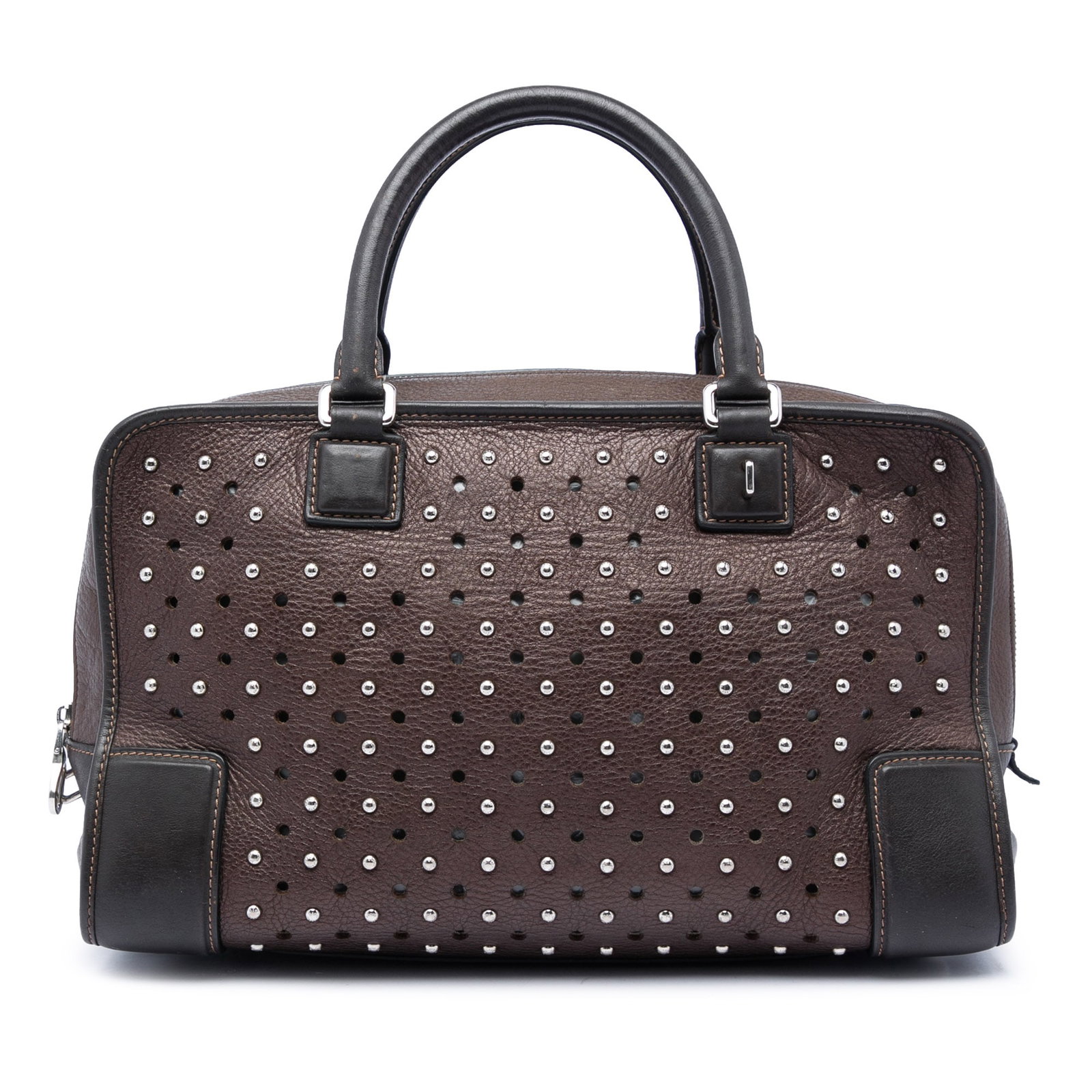 LOEWE Amazona 36 bicolor leather studded perforated handbag: LOEWE Amazona 36 bicolor leather studded perforated handbag A LOEWE Amazona 36 handbag in bicolor leather with studded and perforated detailing. This bag features rolled leather handles, a top zip clo