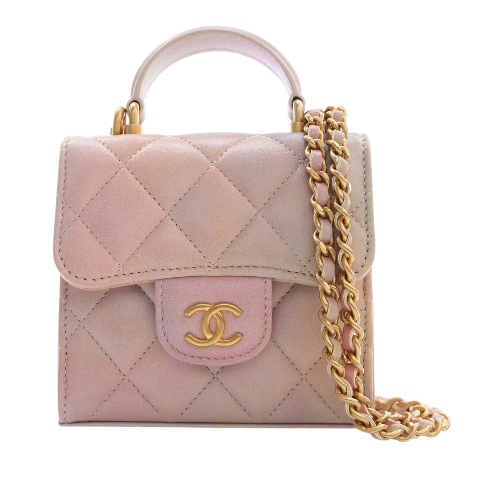 Chanel CC Ombre Lambskin Chain Coin Purse Top Handle Pink: Chanel CC Ombre Lambskin Chain Coin Purse Top Handle Pink A compact Chanel CC Ombre coin purse crafted in pink quilted lambskin leather. This top handle flap design includes a flat leather handle, a l