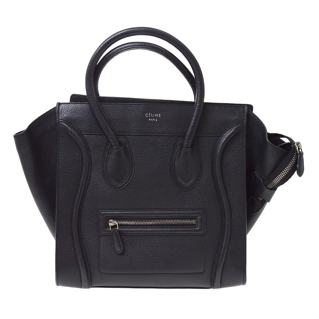 CELINE Mini Luggage Leather Tote Bag Black Top Handle: CELINE Mini Luggage Leather Tote Bag Black Top Handle Celine Mini Luggage tote handbag in black leather with top handles and zip closure. This women's bag features a black lining, logo zipper accent, 