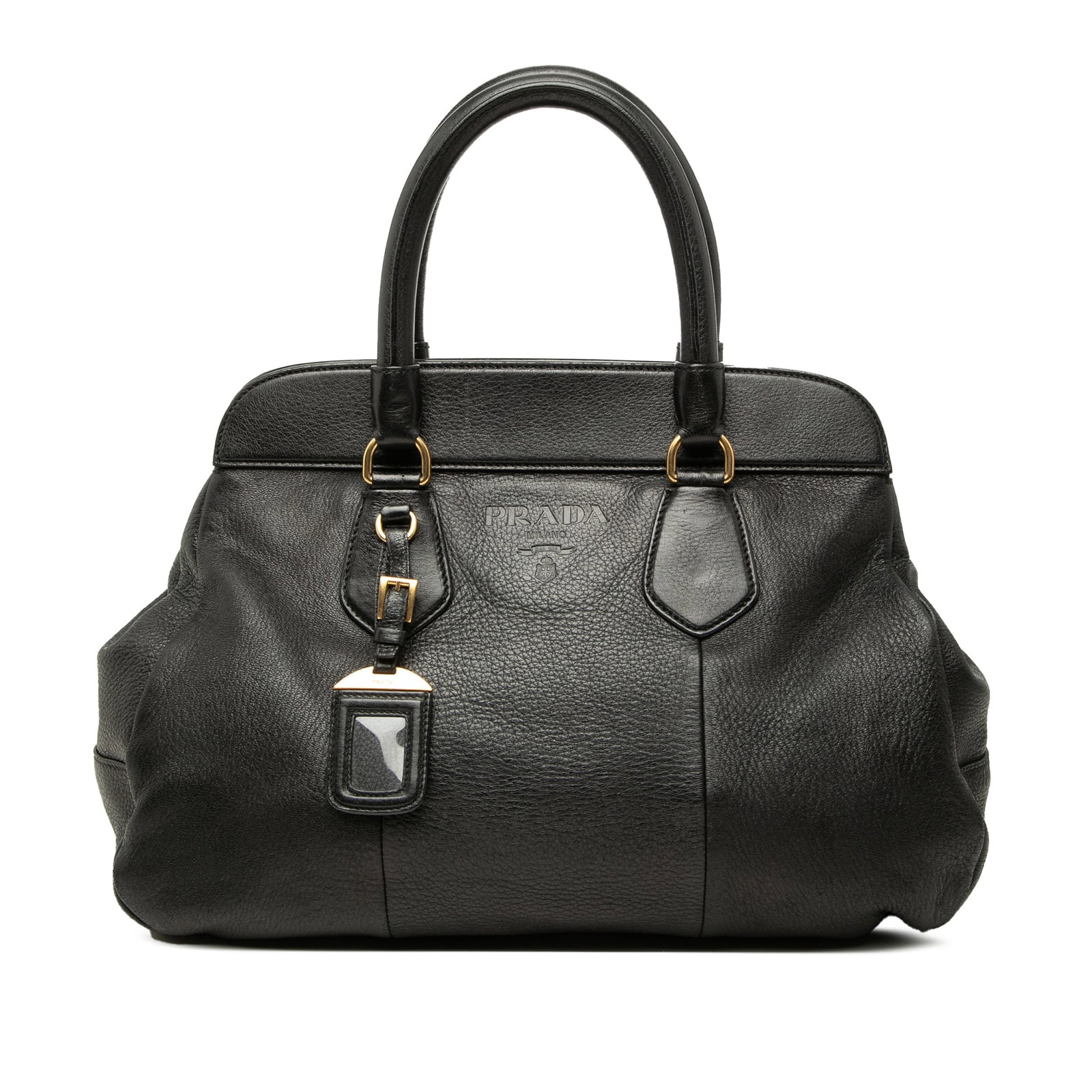 Prada Vitello Daino black leather top handle bag: Prada Vitello Daino black leather top handle bag Prada Vitello Daino handbag in black leather with rolled leather handles, an open top with magnetic snap closure, and an interior zip pocket. Made in I
