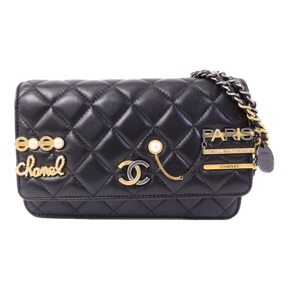 CHANEL AP2508 Wallet On Chain Shoulder Bag Black Lambskin: CHANEL AP2508 Wallet On Chain Shoulder Bag Black Lambskin Chanel Wallet on Chain shoulder bag in black lambskin leather with CC detail and GHW. This women's shoulder bag features a compact wallet-on-c