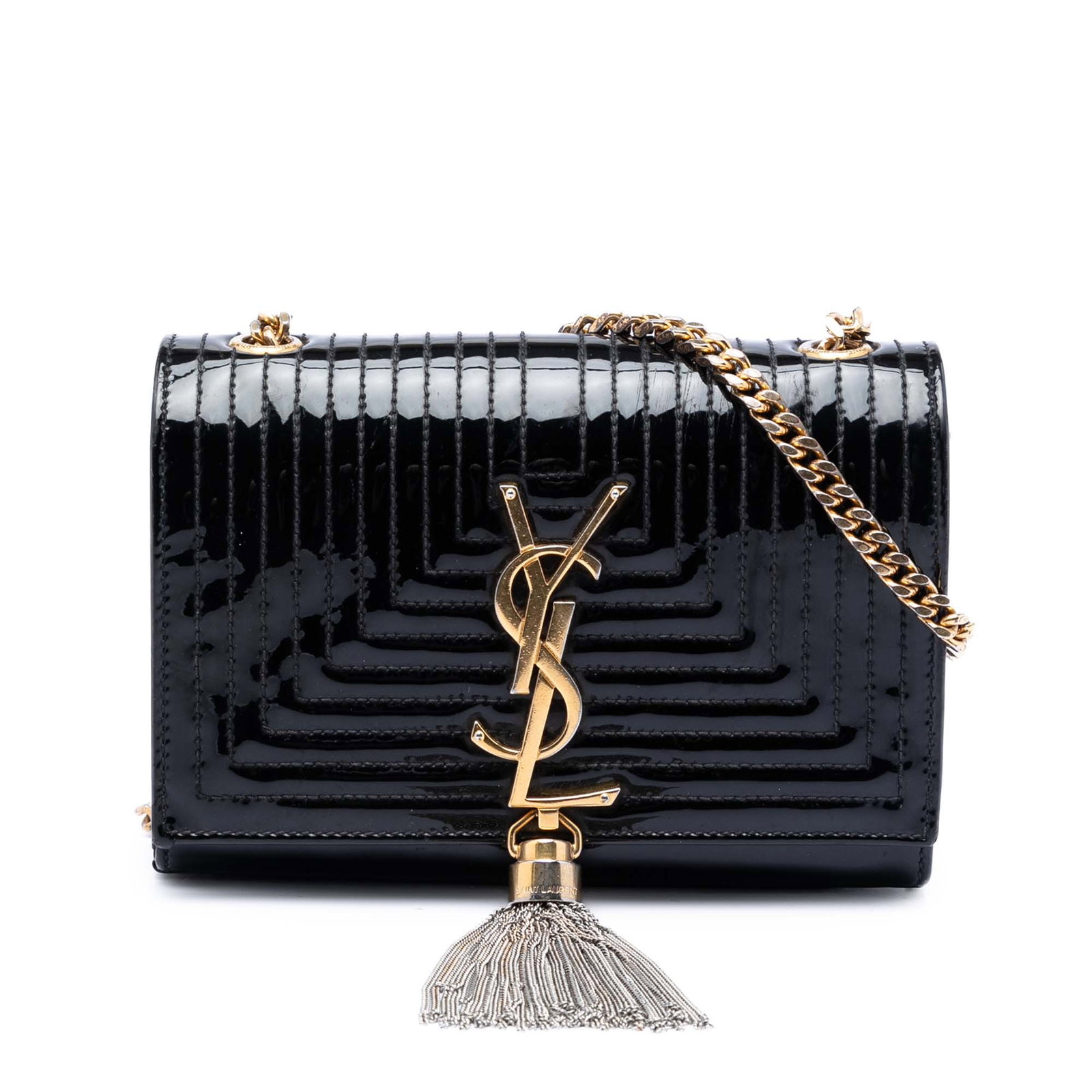 Saint Laurent Kate Black Quilted Patent Leather Tassel Crossbody: Saint Laurent Kate Black Quilted Patent Leather Tassel Crossbody This Saint Laurent Small Quilted Patent Monogram Kate Tassel Crossbody features a black quilted patent leather body adorned with a tass