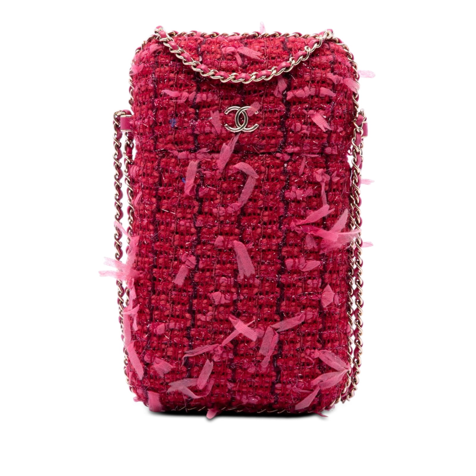 Chanel Tweed Chain Around Phone Holder Pink Fabric Bag: Chanel Tweed Chain Around Phone Holder Pink Fabric Bag Chanel Tweed Chain Around Phone Holder in pink fabric with a leather-woven chain link strap. Made in Italy, this compact bag offers a slim profil
