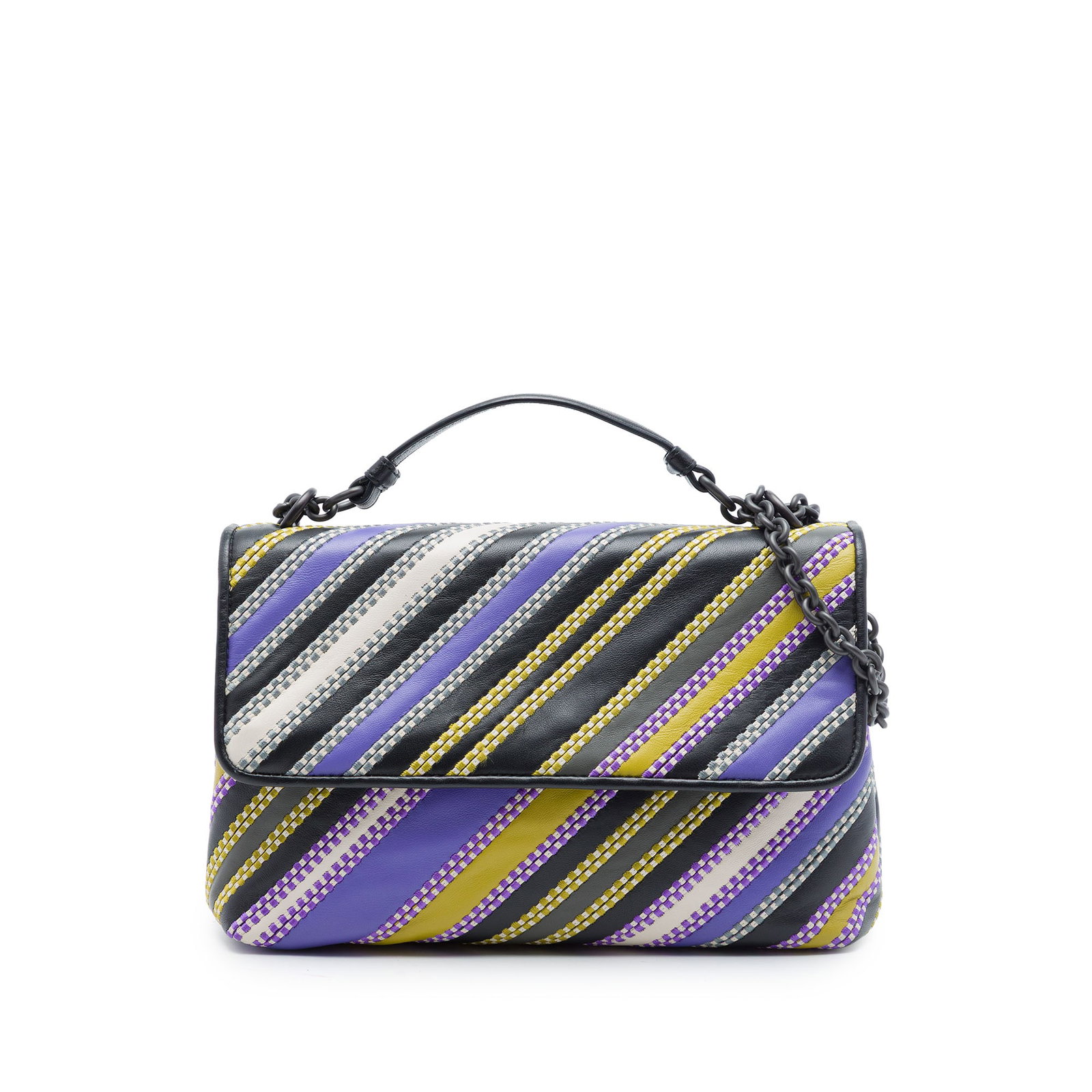 Bottega Veneta Small Nappa Satchel in Purple Leather: Bottega Veneta Small Nappa Satchel in Purple Leather Small satchel crafted in purple nappa leather with a diagonal stripe design. It features a flat leather top handle, chain link shoulder straps with