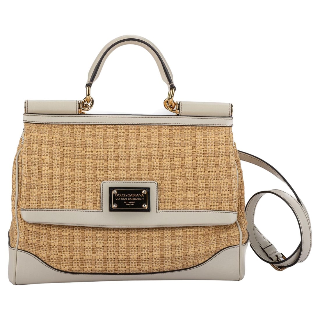 Dolce Gabbana Large Straw Cream Leather Bag Italy: Dolce Gabbana Large Straw Cream Leather Bag Italy Elevate your style with this luxurious large straw and cream leather bag by Dolce & Gabbana. Crafted in Italy, this designer piece features an adjusta