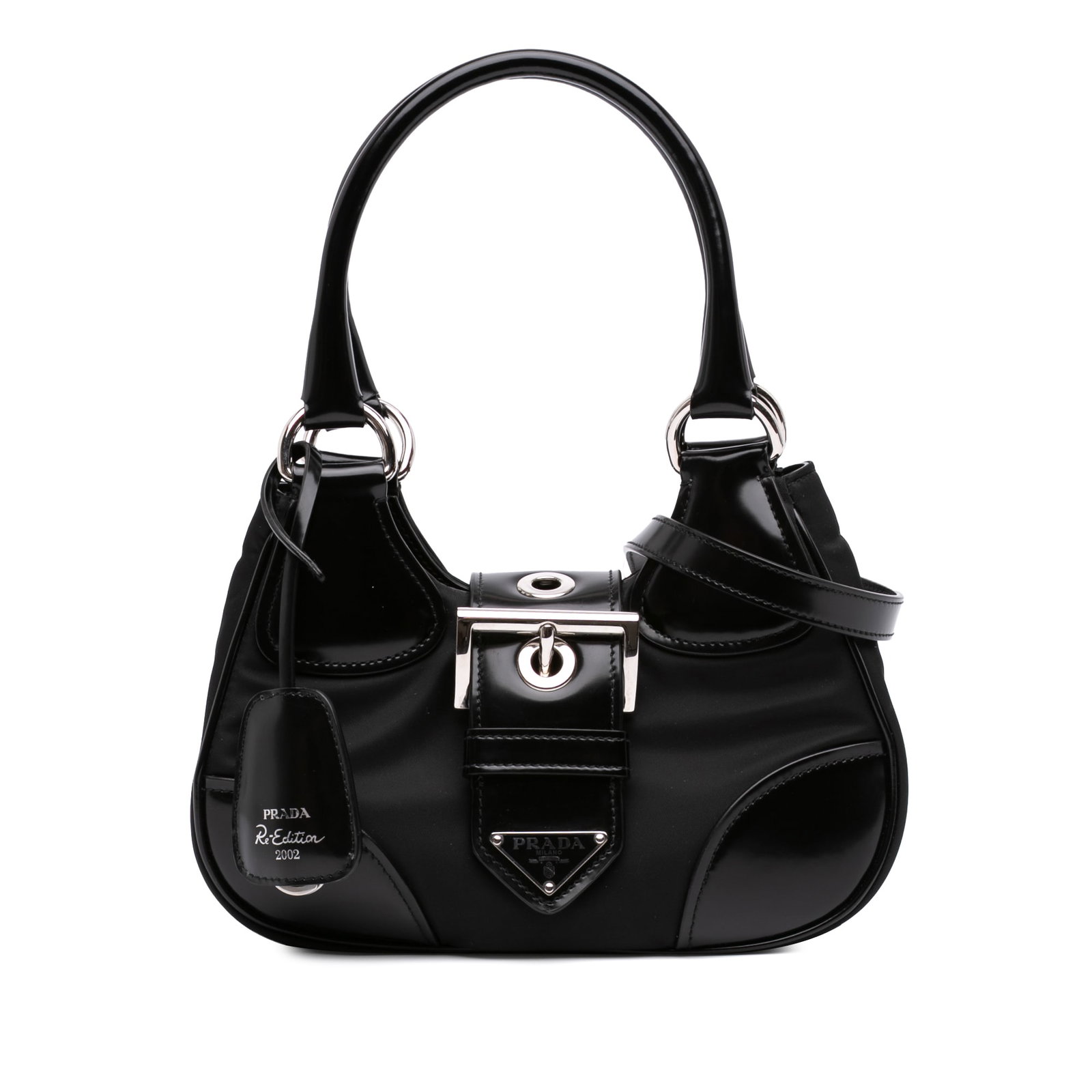 Prada Re Edition 2002 Moon Satchel in Re Nylon Calfskin: Prada Re Edition 2002 Moon Satchel in Re Nylon Calfskin Prada Re Nylon and shiny calfskin Re Edition 2002 Moon satchel in black, crafted in Italy. This bag features a nylon and leather body, rolled le