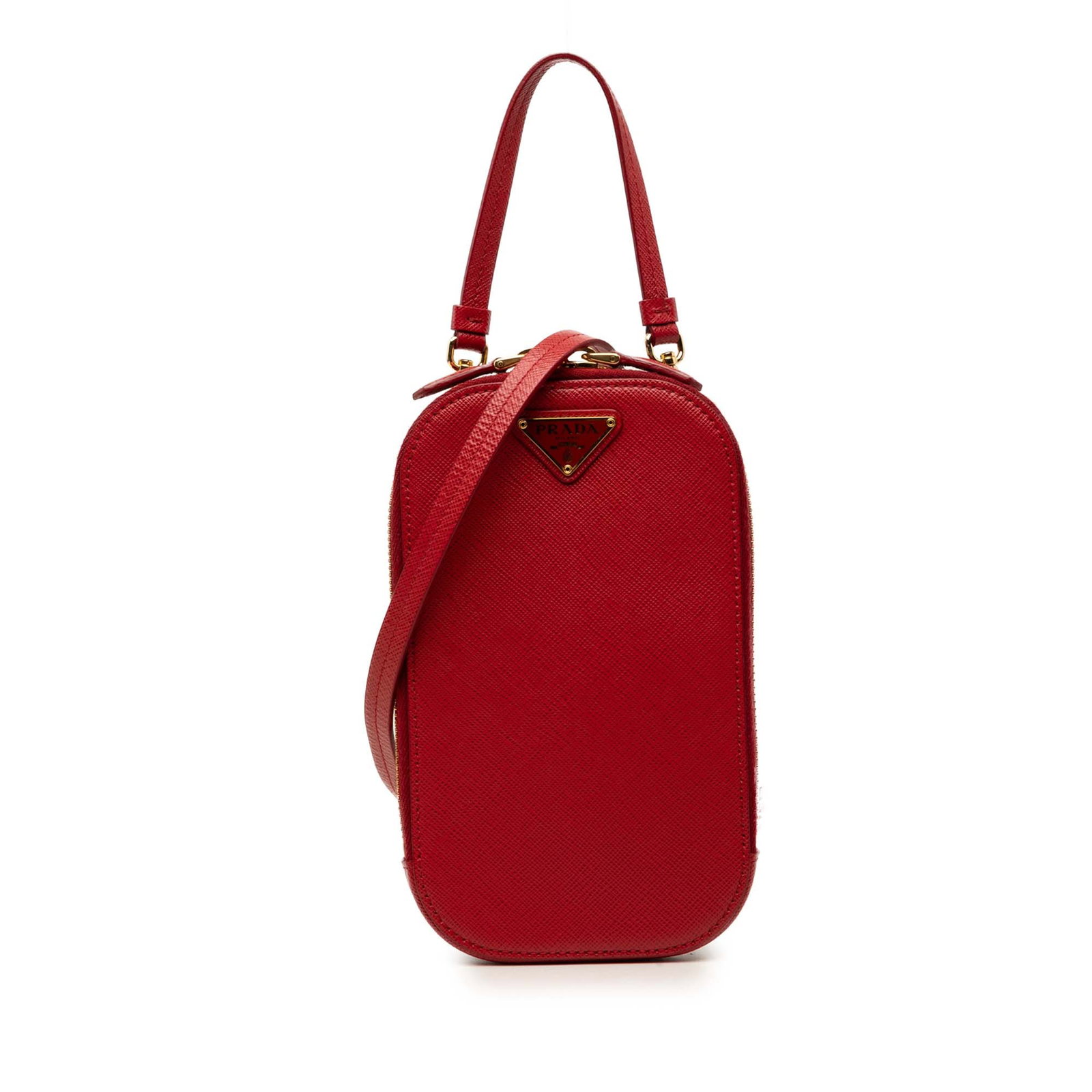 Prada Saffiano Leather Phone Holder with Strap Red: Prada Saffiano Leather Phone Holder with Strap Red Compact and functional, this Prada Saffiano Zip Phone Holder is crafted in red leather with a structured silhouette. It features a detachable top lea