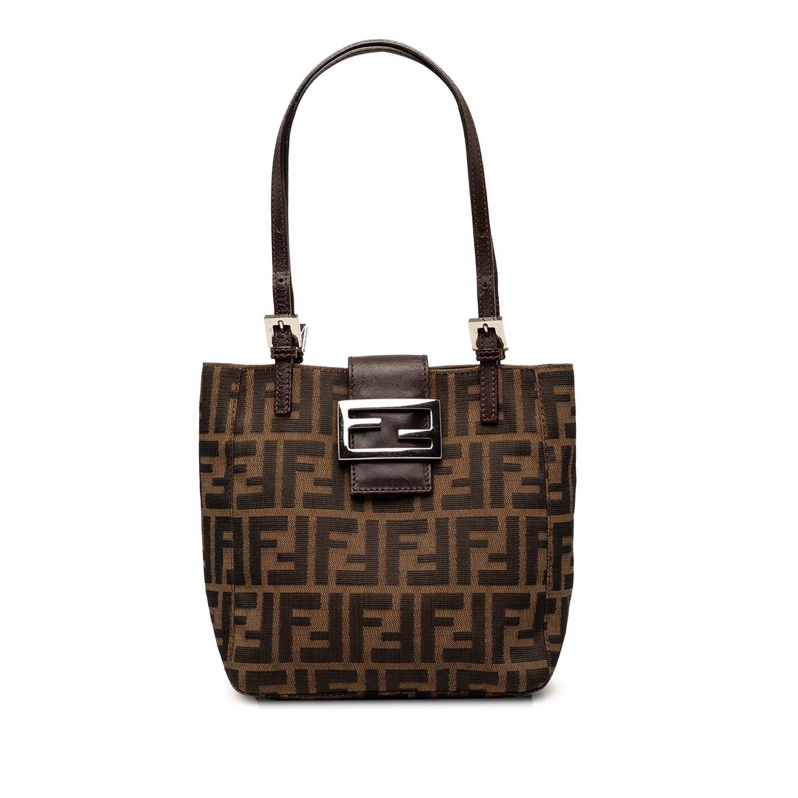 Fendi Zucca Brown Canvas Shoulder Handbag: Fendi Zucca Brown Canvas Shoulder Handbag Fendi Zucca canvas shoulder bag with a brown fabric body, flat leather shoulder strap, top strap with magnetic closure, and an interior zip pocket. Made in It