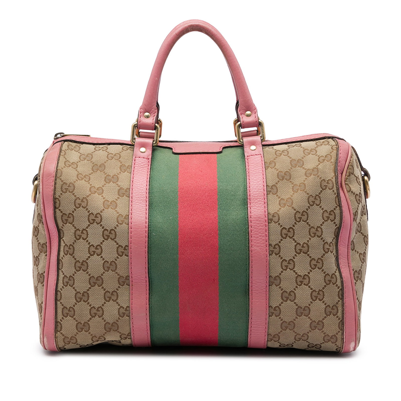 Gucci Joy Boston Satchel Medium GG Canvas Web Detail: Gucci Joy Boston Satchel Medium GG Canvas Web Detail A Gucci Medium GG Canvas Web Joy Boston Bag with a beige canvas body, leather trim, and signature web detail. This satchel is designed with rolled 