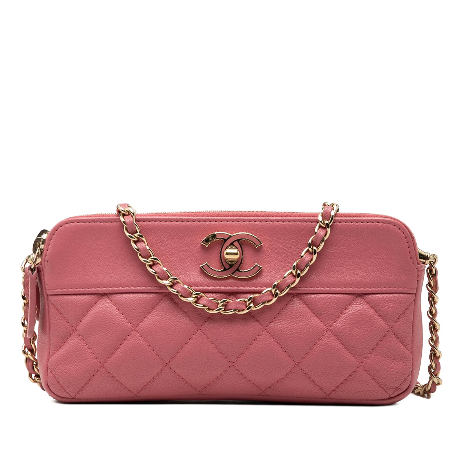 Chanel Mademoiselle Double Zip Chain Clutch Quilted Pink Lambskin: Chanel Mademoiselle Double Zip Chain Clutch Quilted Pink Lambskin Vintage Chanel Mademoiselle double zip clutch with chain in pink quilted lambskin leather. This crossbody bag features a leather-woven