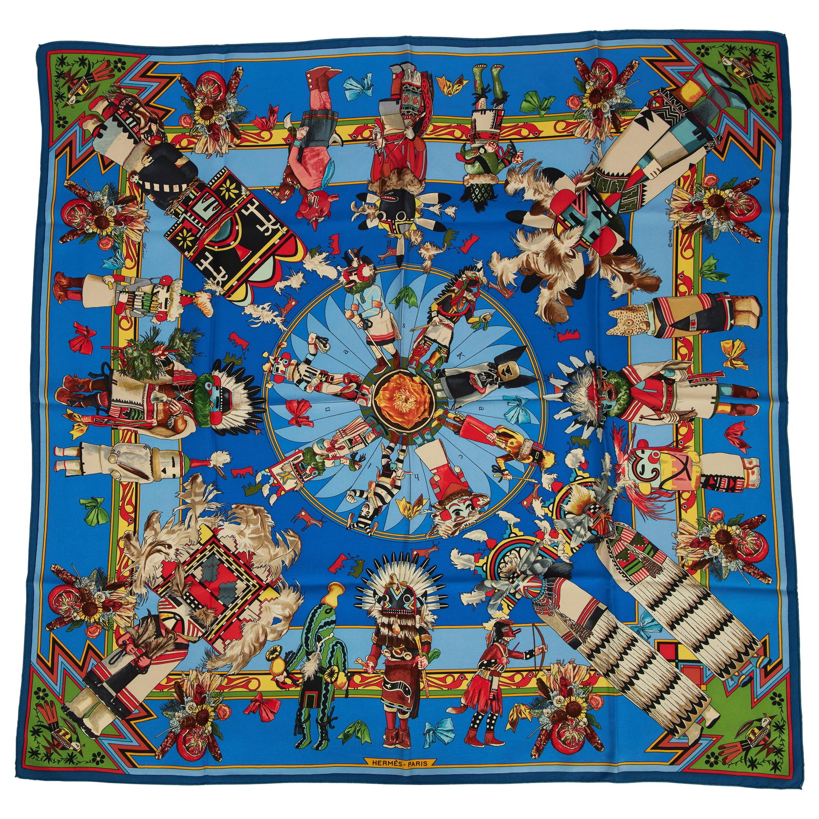 Hermes Kachinas Silk Scarf by Kermit Oliver 35x35 in Blue Turquoise: Hermes Kachinas Silk Scarf by Kermit Oliver 35x35 in Blue Turquoise This exquisite Hermes Silk Kachinas Scarf features a stunning design by artist Kermit Oliver. Crafted from luxurious silk twill, the