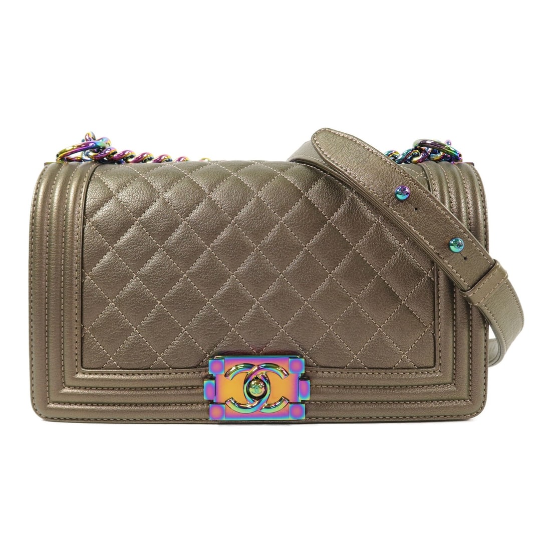 CHANEL Boy 25 CC Shoulder Bag Black Calfskin Bronze Chain: CHANEL Boy 25 CC Shoulder Bag Black Calfskin Bronze Chain CHANEL Boy 25 chain shoulder bag in black calfskin leather with bronze-tone accents. This women's shoulder bag features a flap design with one