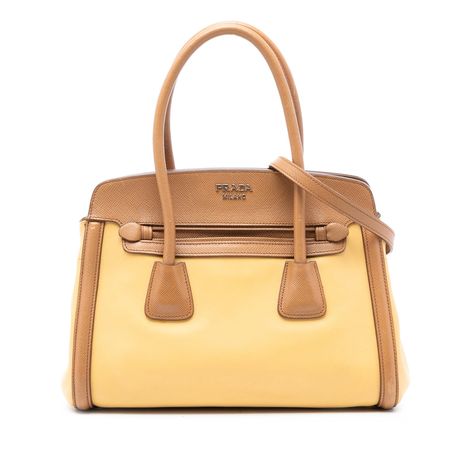 Prada yellow saffiano trim leather satchel with detachable strap: Prada yellow saffiano trim leather satchel with detachable strap This Prada Bicolor Saffiano Cuir Trimmed Leather Satchel is crafted from calfskin leather with saffiano leather trim, featuring rolled 