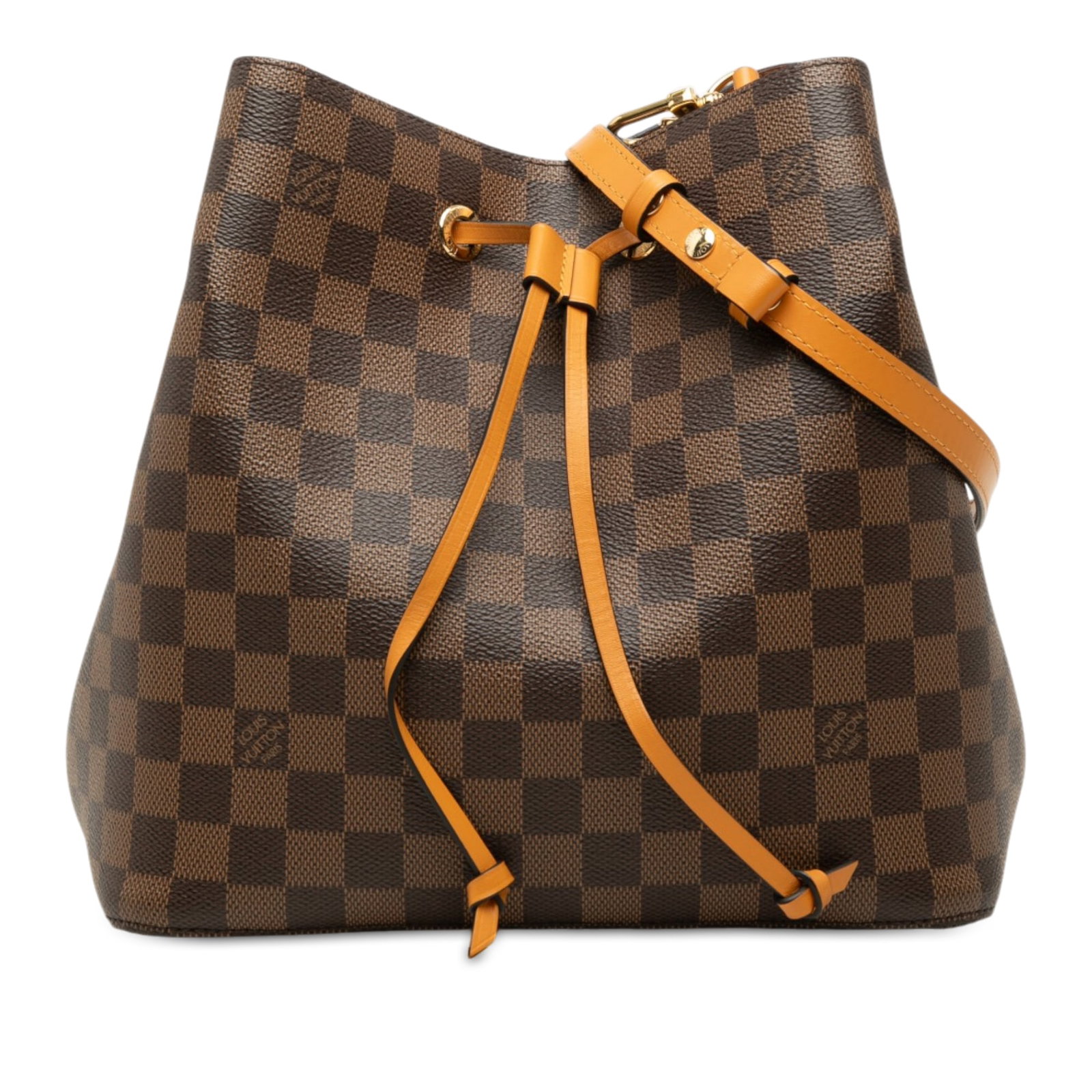 Louis Vuitton Neonoe MM Damier Ebene Drawstring Shoulder Bag: Louis Vuitton Neonoe MM Damier Ebene Drawstring Shoulder Bag Louis Vuitton Neonoe MM bucket bag in Damier Ebene canvas with a detachable flat leather strap, drawstring closure, and an interior zip poc