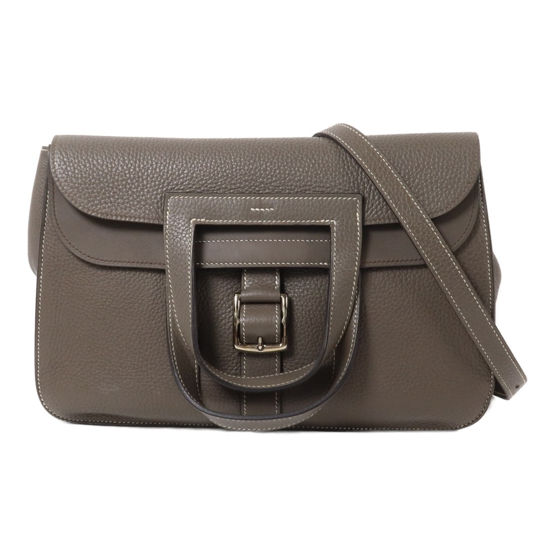 HERMES Halzan 31 Taurillon Clemence 2way Shoulder Bag Etain PHW: HERMES Halzan 31 Taurillon Clemence 2way Shoulder Bag Etain PHW Hermes Halzan 31 2-way shoulder handbag in Etain Taurillon Clemence leather with palladium-tone hardware. This women's bag is made in Fr